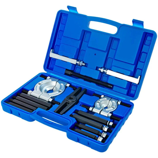 Open case of 14 Piece Bearing Separator Puller Set 2 Inch And 3 Inch Heavy Duty 5 Ton Bearing Puller Kit with tools displayed