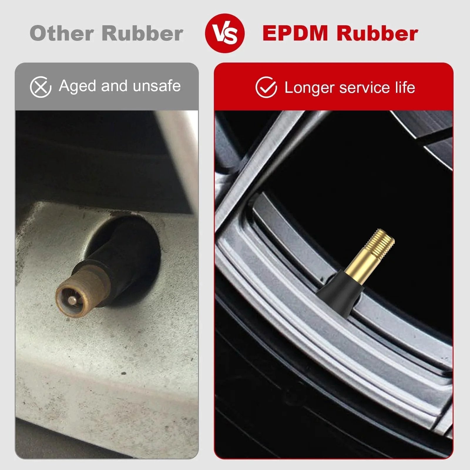 Comparison of aged tire valve with EPDM rubber valve showing longer service life on rim