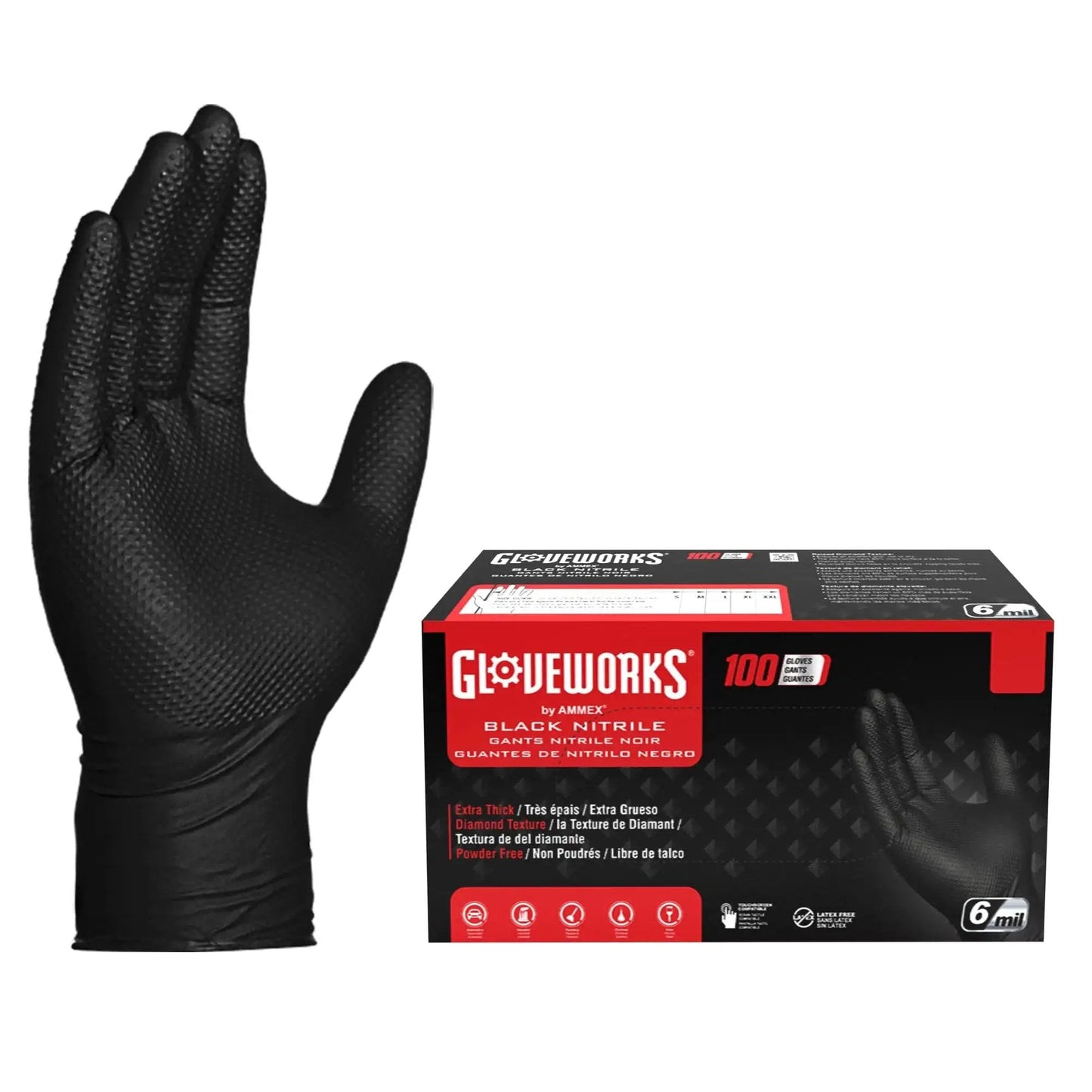 Black Nitrile Disposable Gloves 6 Mil Raised Diamond Texture Large Box Of 100 featuring a glove with diamond texture design.