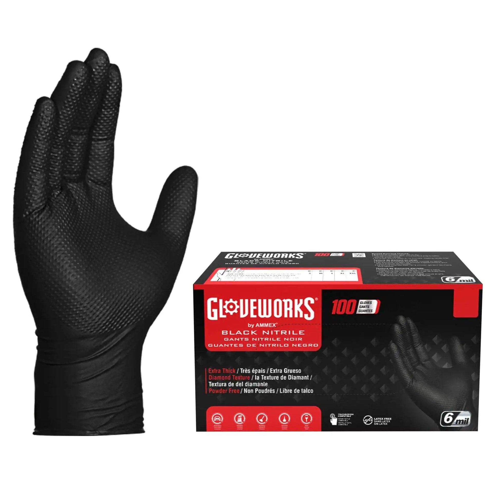 Black Nitrile Disposable Gloves 6 Mil Raised Diamond Texture Large Box Of 100 featuring a glove with diamond texture design.