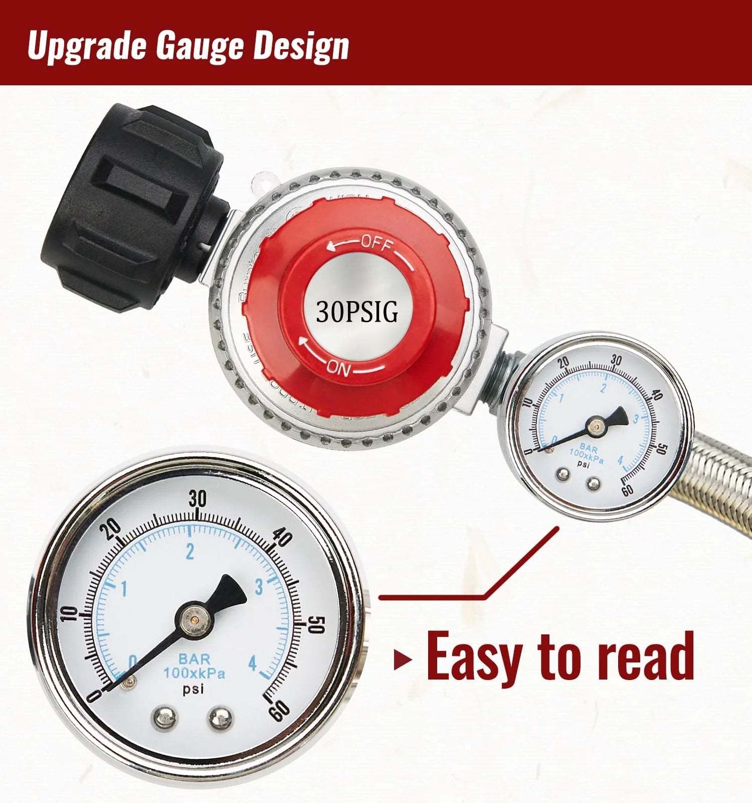 Close-up of 5 Ft High Pressure Propane Regulator Hose With Gauge 0-30 PSI Adjustable, showing gauge and stainless braided hose