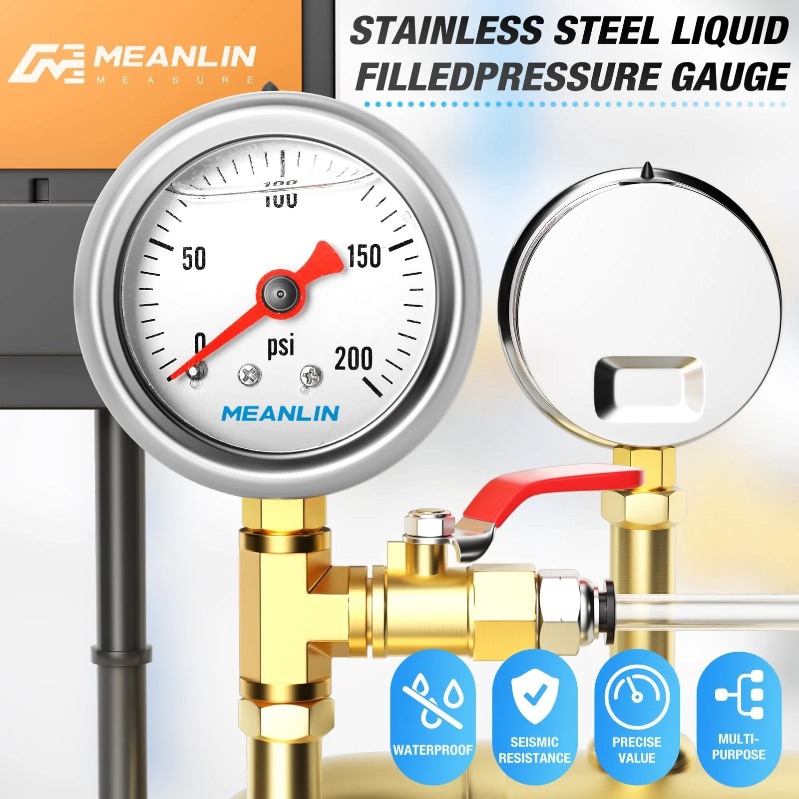 Stainless Steel Liquid Filled Pressure Gauge 0 to 200 Psi One Point Five Inch Dial One Eighth NPT Lower Mount Glycerin Filled