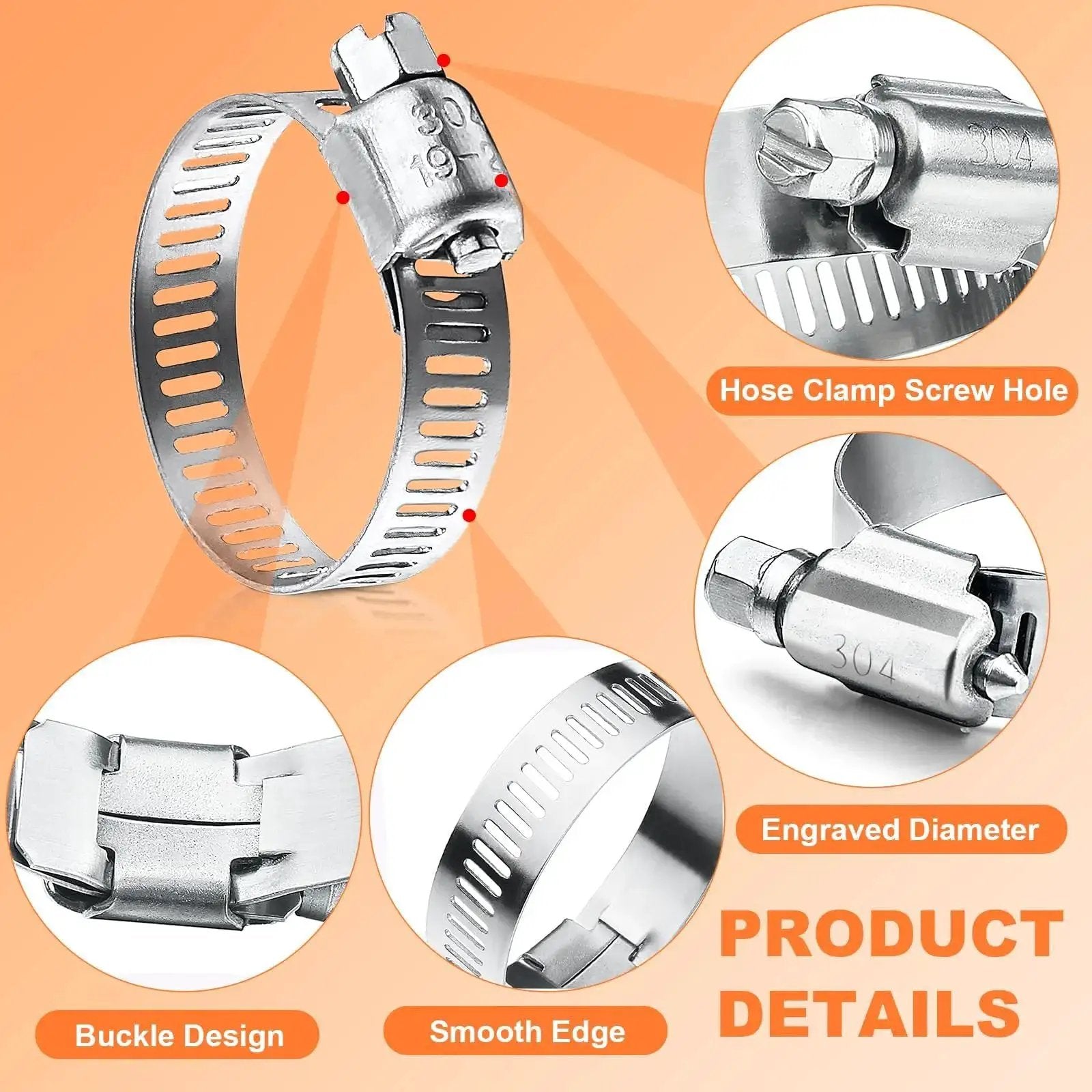 Close-up of stainless steel hose clamp features from 100 Piece Stainless Steel Hose Clamp Set For Plumbing Automotive And Mechanical Use Adjustable 6 To 44mm Worm Gear Duct Pipe Clamp Corrosion Resistant And Reusable Assortment Kit Pro For Pros