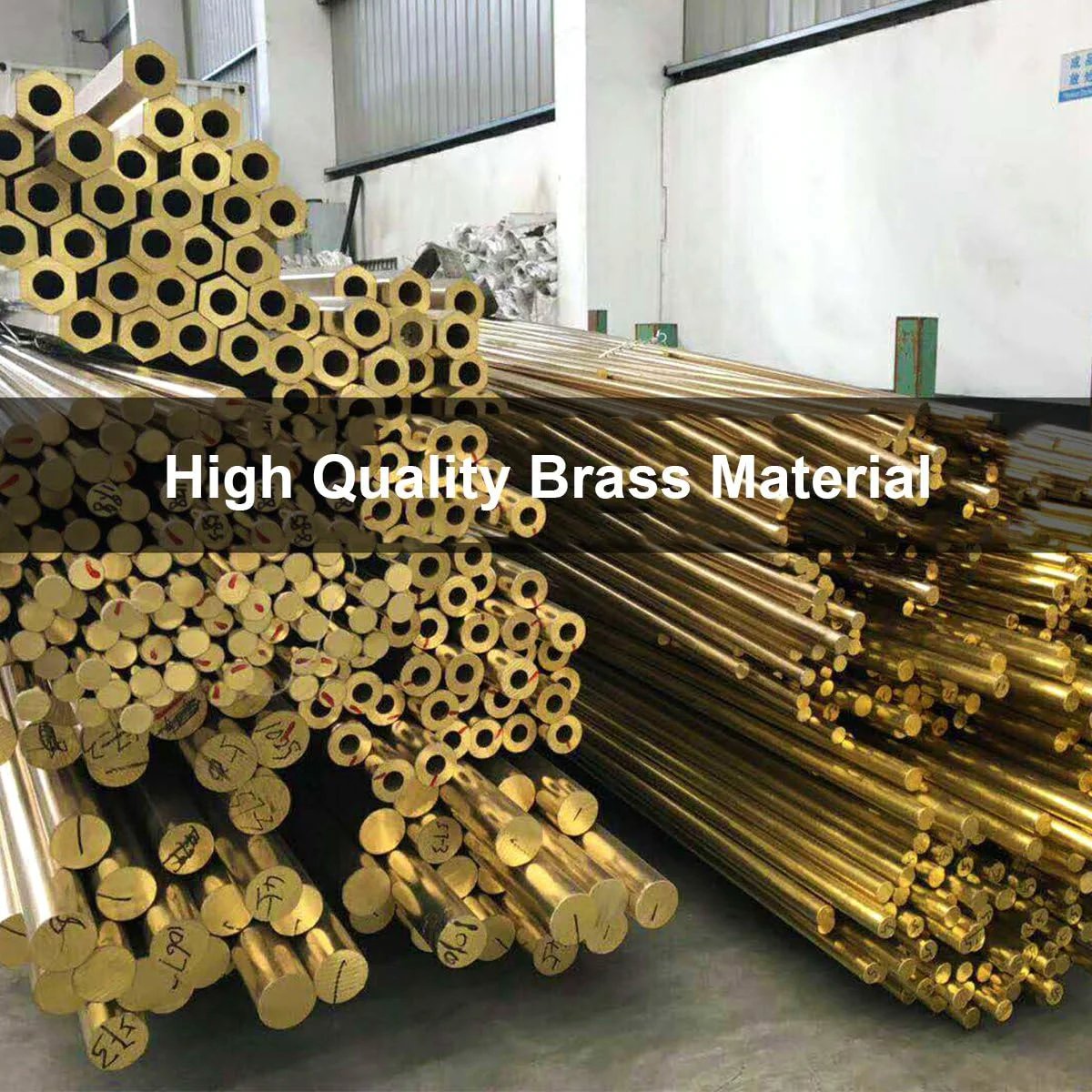 Stack of high-quality brass rods in a warehouse, labeled 'High Quality Brass Material', suitable for durable construction.