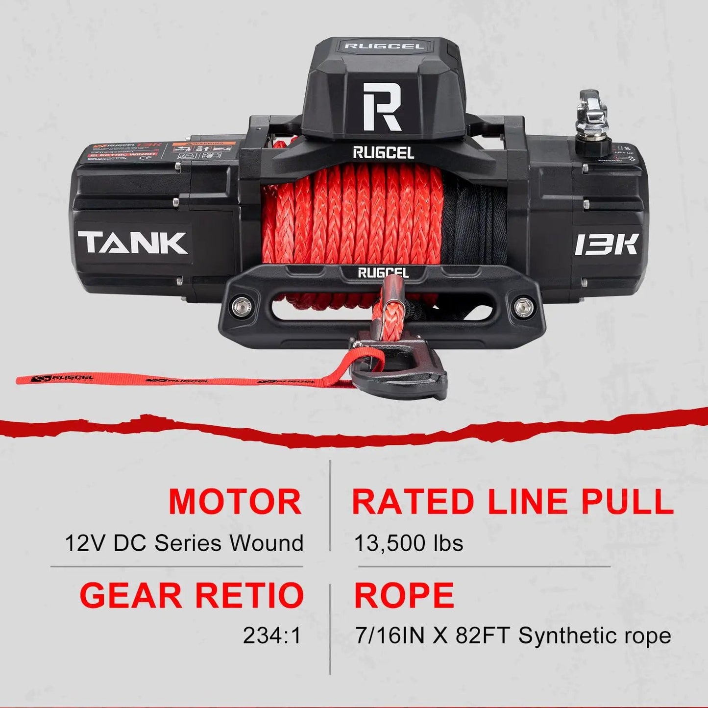 Beast 13500Lb Waterproof Electric Winch With Synthetic Rope 12V For Truck And SUV Hawse Fairlead 2 In 1 Infrared Remote And Wired Control Red Rope Off Road Ready shown from the front with red synthetic rope.