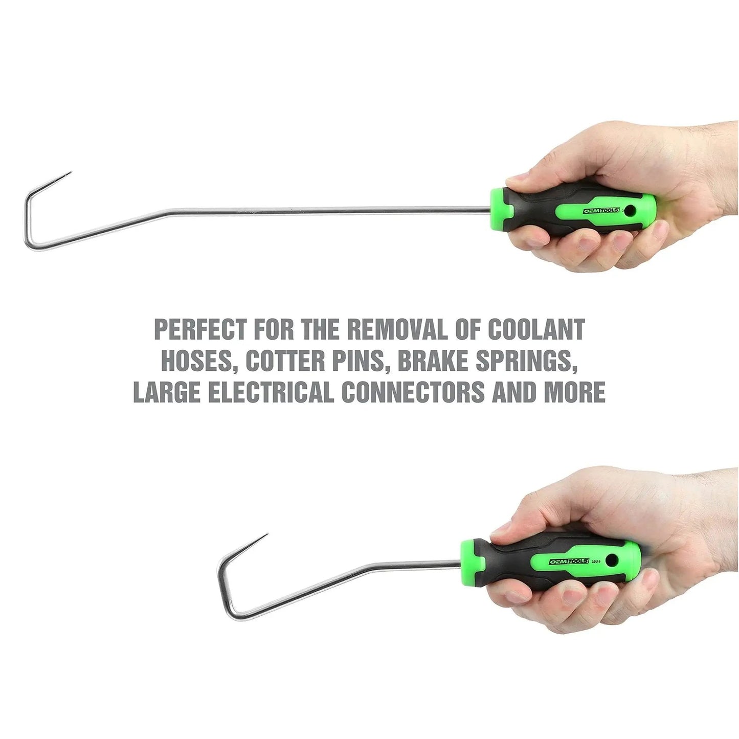 Hands holding two tools from the 5 Piece Hose Removal Set For Radiator And Coolant Lines With Cotter Pin Tool on white background