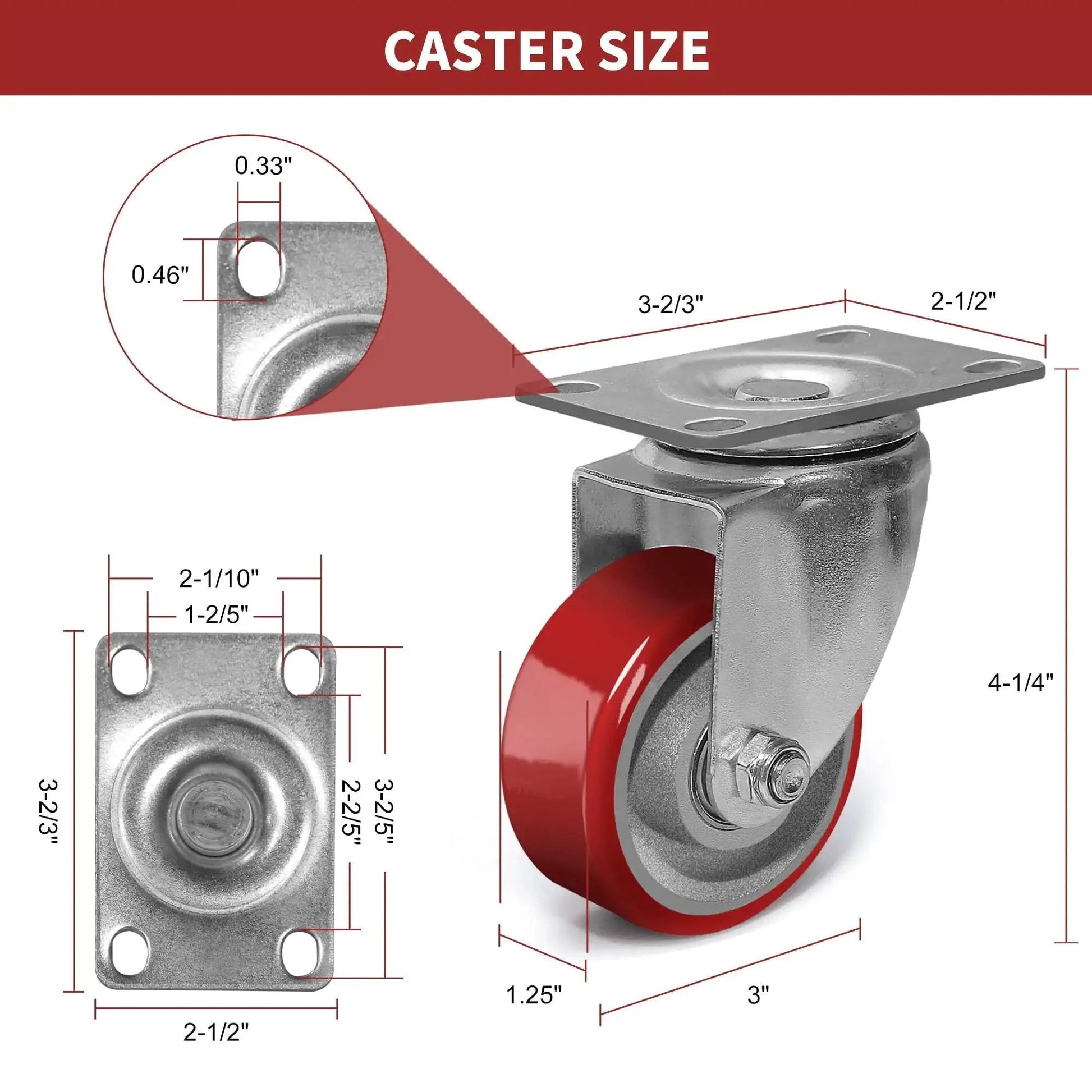 Heavy Duty 3 Inch Swivel Caster Wheels With Brake For Furniture Workbench And Cart, dimensions and mounting plate details