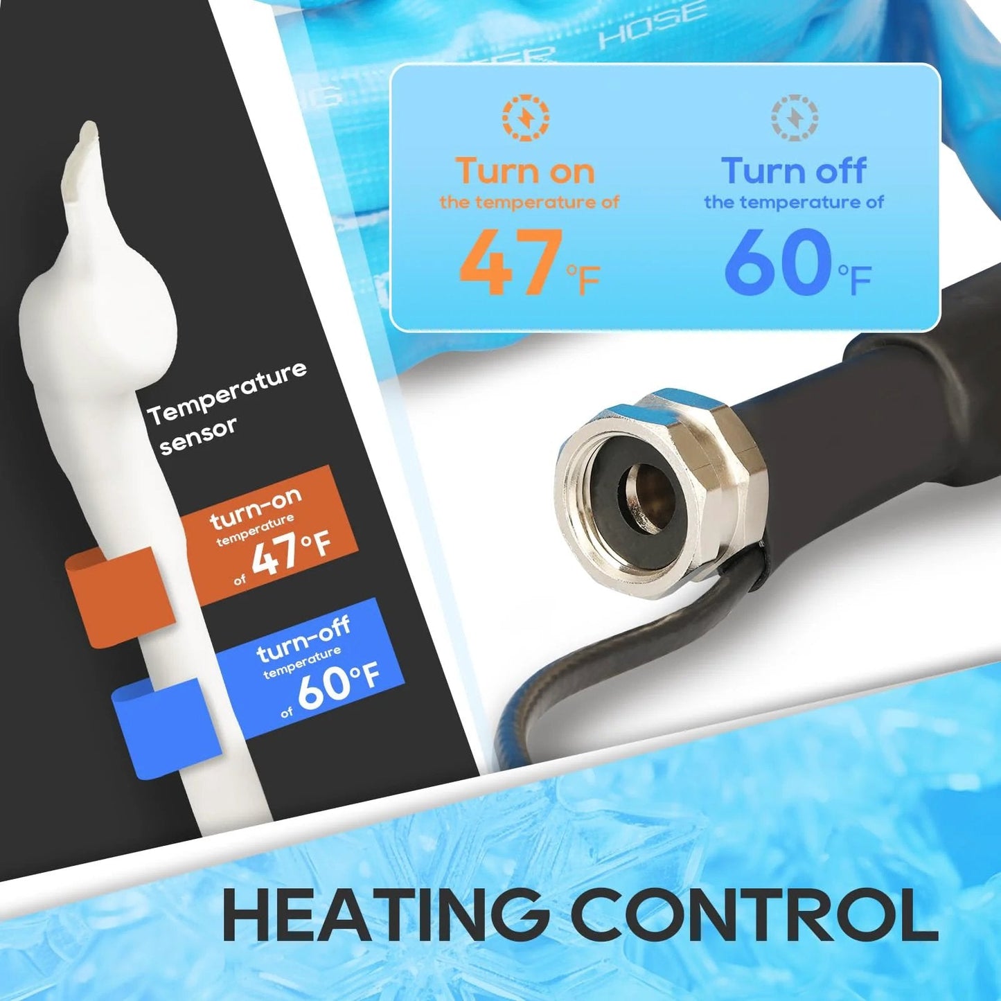 Close-up of Heated Water Hose For RV 25 Ft Freeze Protection To Minus 20F With Energy Saving Thermostat and UL Heating Cable