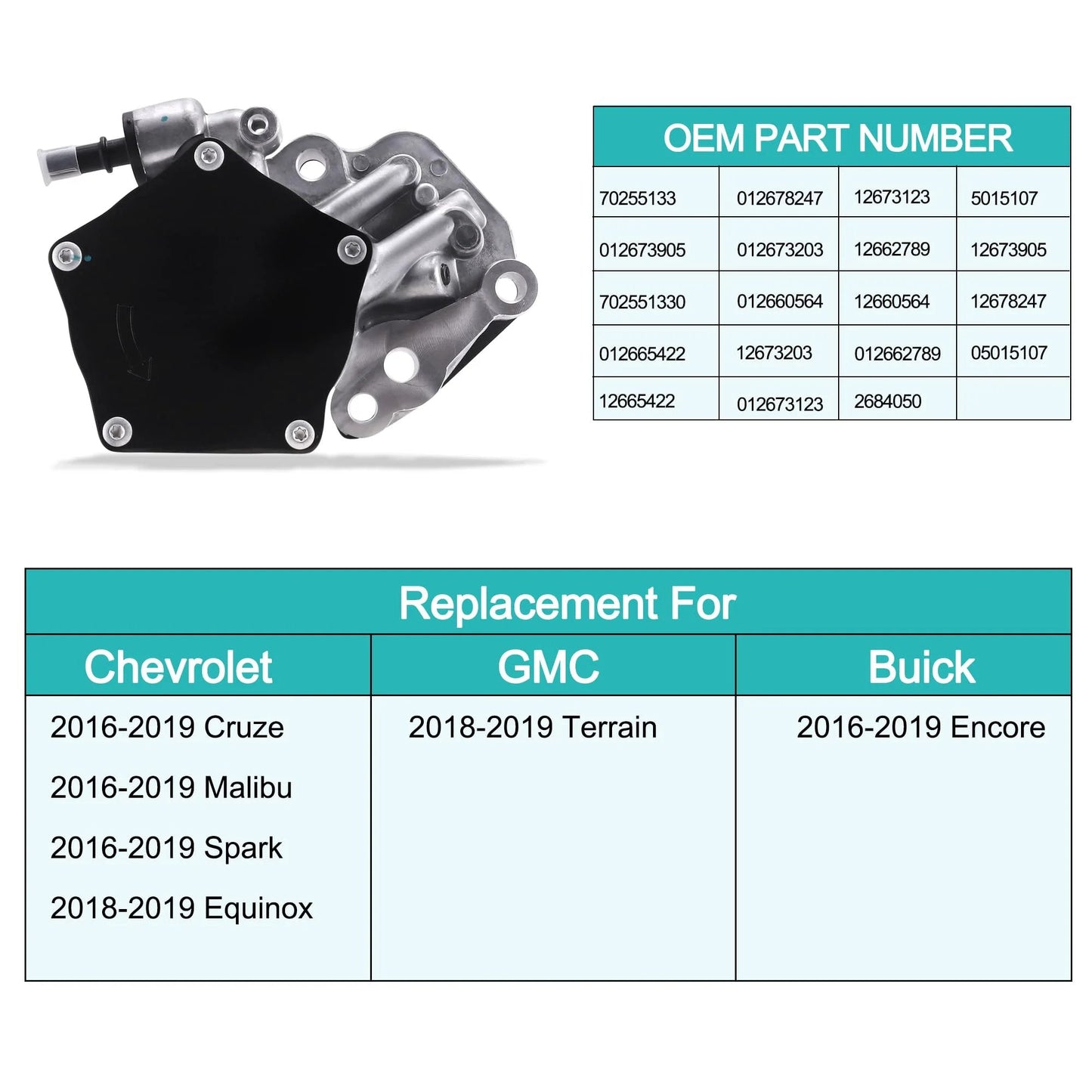 Brake Vacuum Pump OE Replacement For GM Vehicles 1.4L And 1.5L Engines 2016 To 2019 with part numbers displayed
