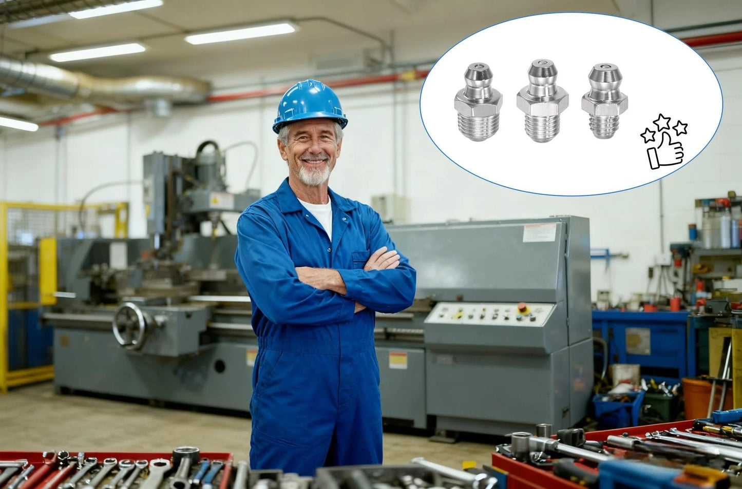 Worker in a factory with a diagram showing Heavy Duty 304 Stainless Steel Straight Grease Fittings Kit with 1 8-28 Inch Thread.