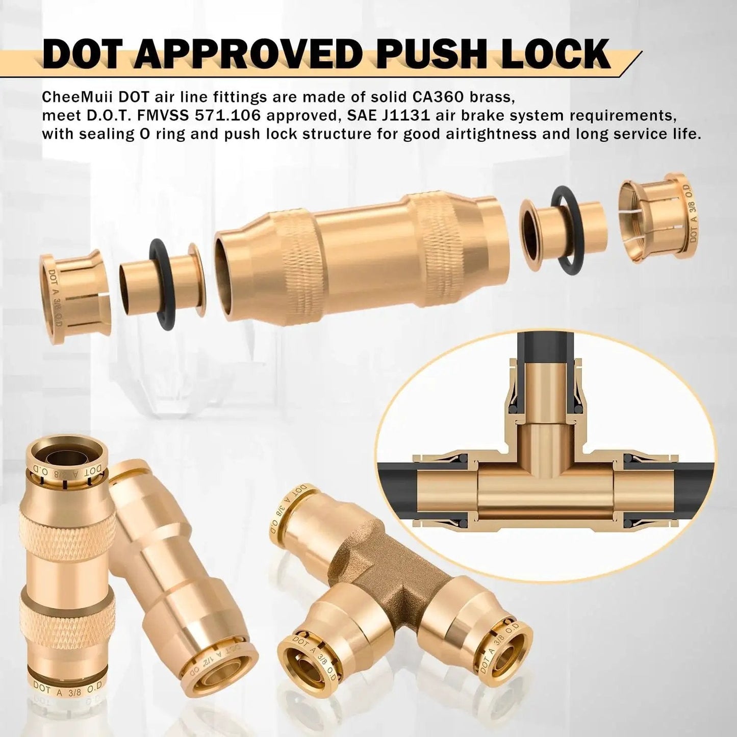 76 Piece Brass DOT Air Line Fittings Kit With Push To Connect And NPT Threads; includes tees, swivels, and unions for pneumatic tubing