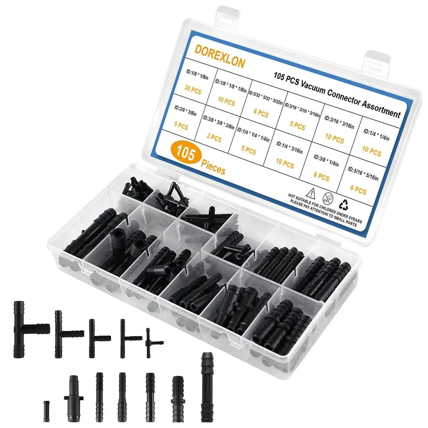 Image of the 105 Piece Automotive Vacuum Connector Kit with 12 Sizes from 1 8 Inch to 3 8 Inch Nylon Vacuum Tubing Connectors in storage case.