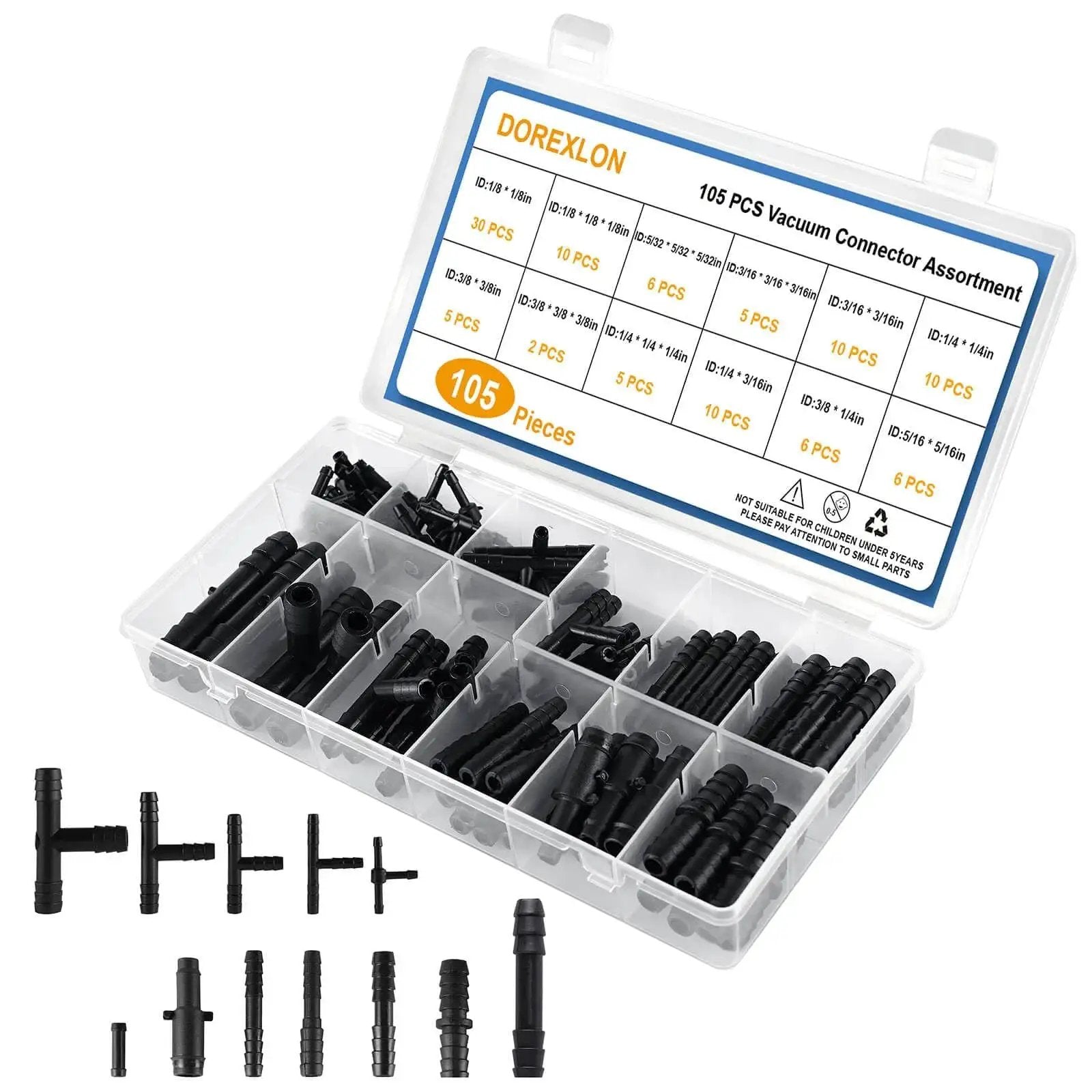 Image of the 105 Piece Automotive Vacuum Connector Kit with 12 Sizes from 1 8 Inch to 3 8 Inch Nylon Vacuum Tubing Connectors in storage case.
