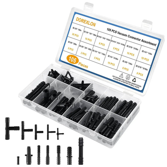 Image of the 105 Piece Automotive Vacuum Connector Kit with 12 Sizes from 1 8 Inch to 3 8 Inch Nylon Vacuum Tubing Connectors in storage case.