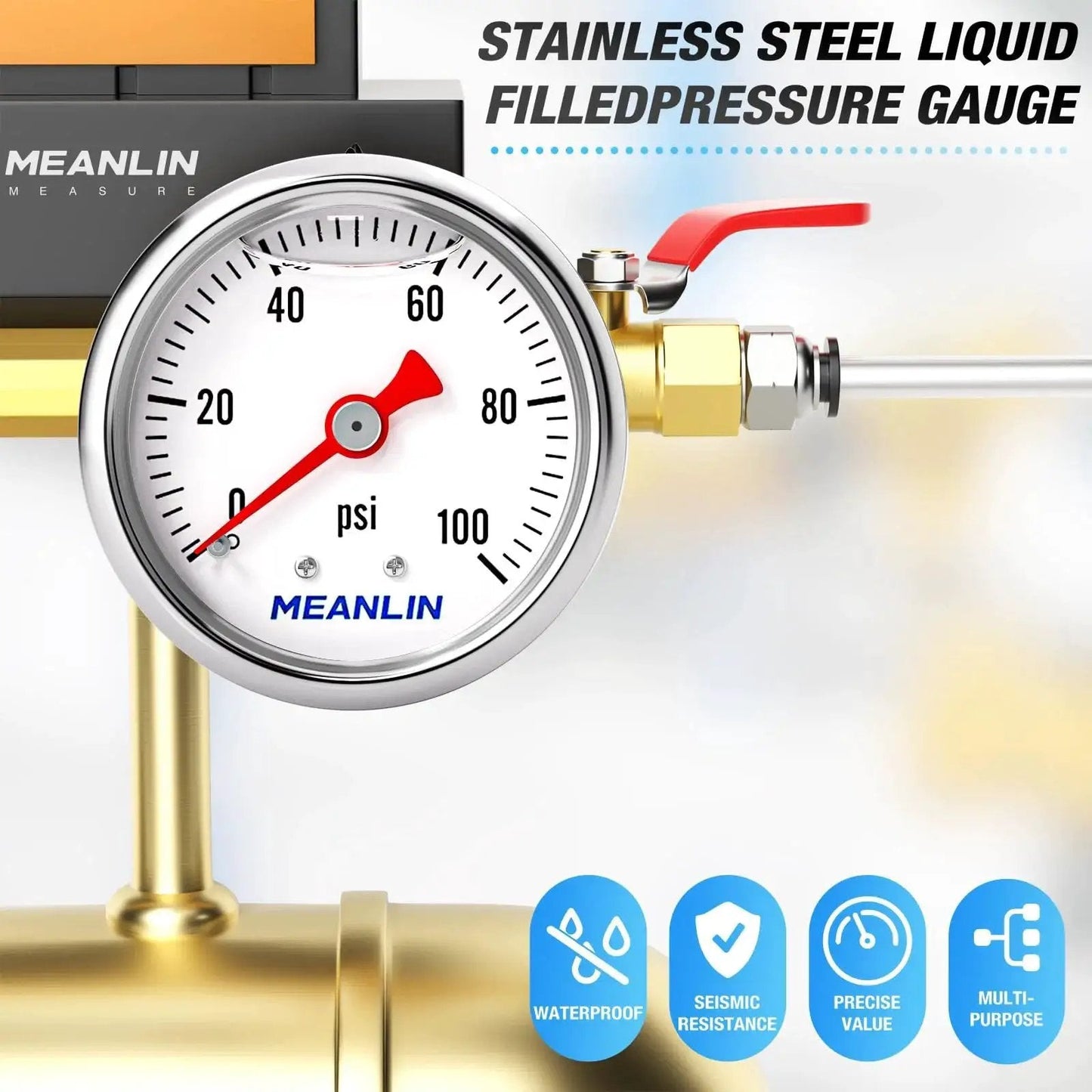 Stainless Steel Liquid Filled Pressure Gauge With 1.5 Inch Dial Face 0 To 100 Psi 1/8 Inch NPT Back Mount Glycerin Filled for water oil air
