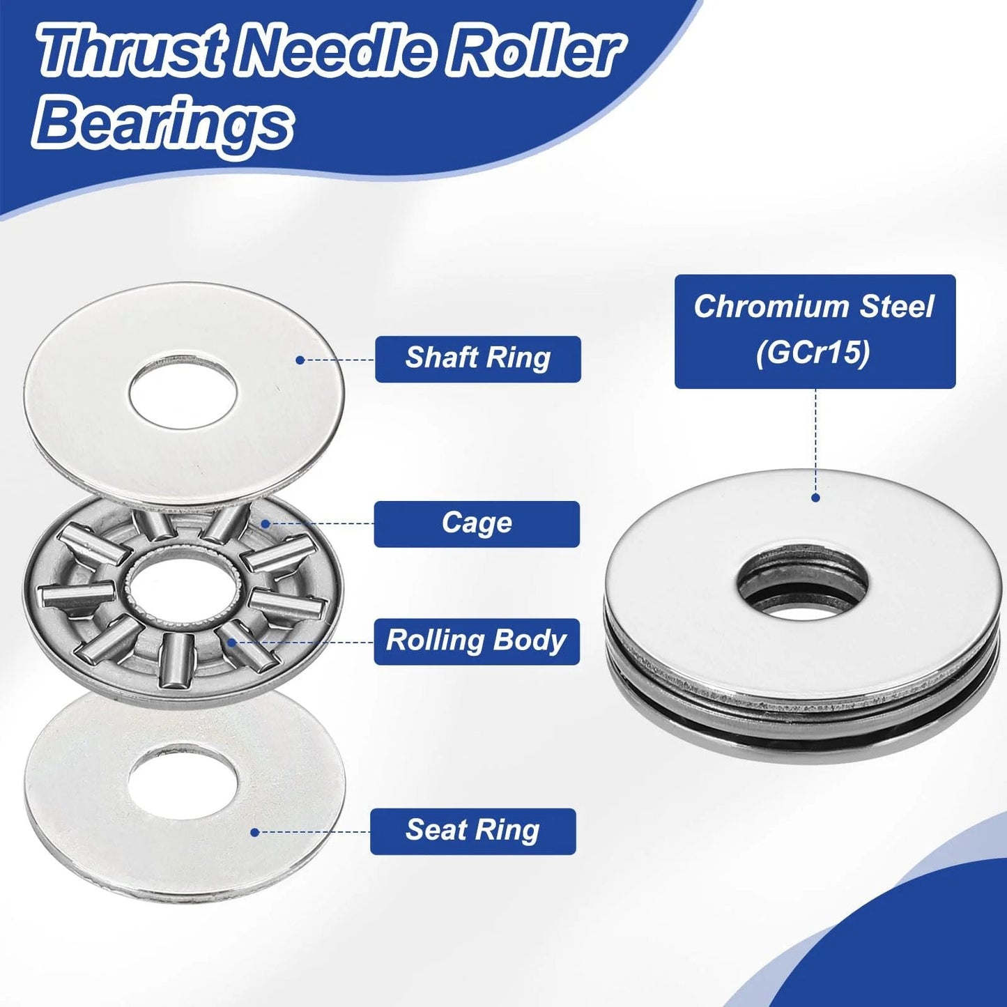 Thrust Needle Roller Bearing Set 15x28x4mm With Washers For Heavy Duty Conveyor Systems And Machine Tools, 10 Pcs Chrome Steel