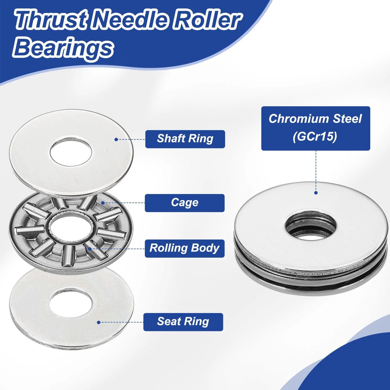 Thrust Needle Roller Bearing Set 15x28x4mm With Washers For Heavy Duty Conveyor Systems And Machine Tools, 10 Pcs Chrome Steel