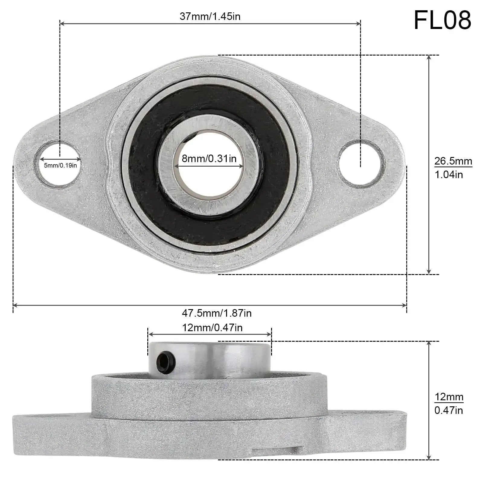 Front and side view of Four Pack KFL08 Pillow Block Bearings For 8mm Shafts, Flange Mounted Zinc Alloy Housing, detailed dimensions
