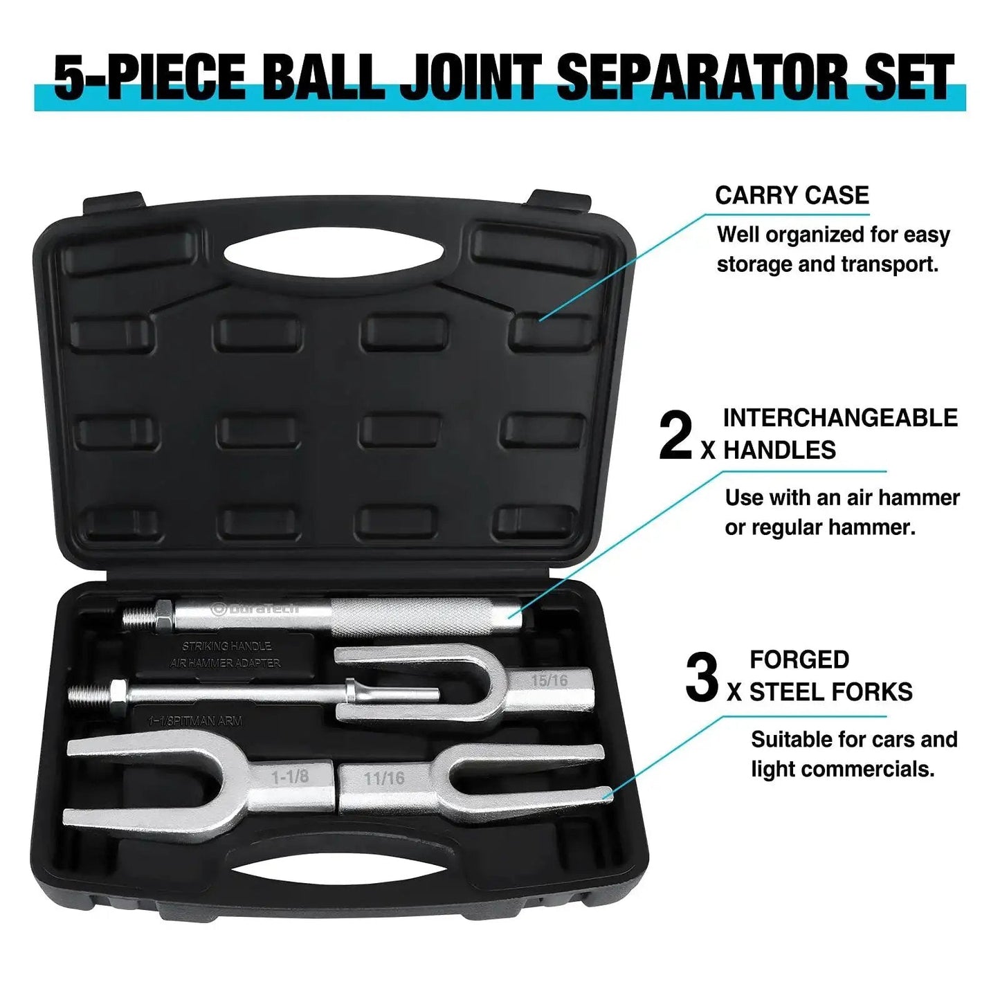 5-Piece Ball Joint Separator Set With Pickle Forks For Cars And Light Trucks, showing carry case with forks and handles