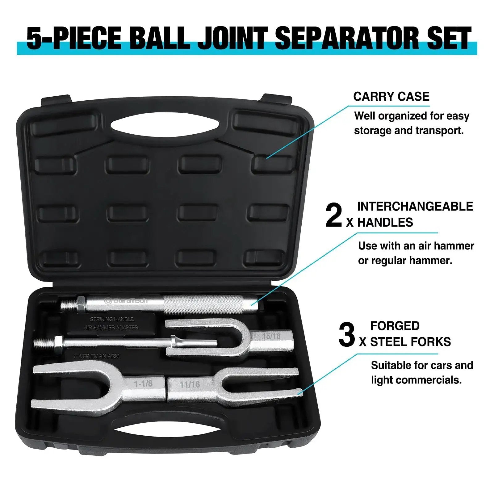 5-Piece Ball Joint Separator Set With Pickle Forks For Cars And Light Trucks, showing carry case with forks and handles
