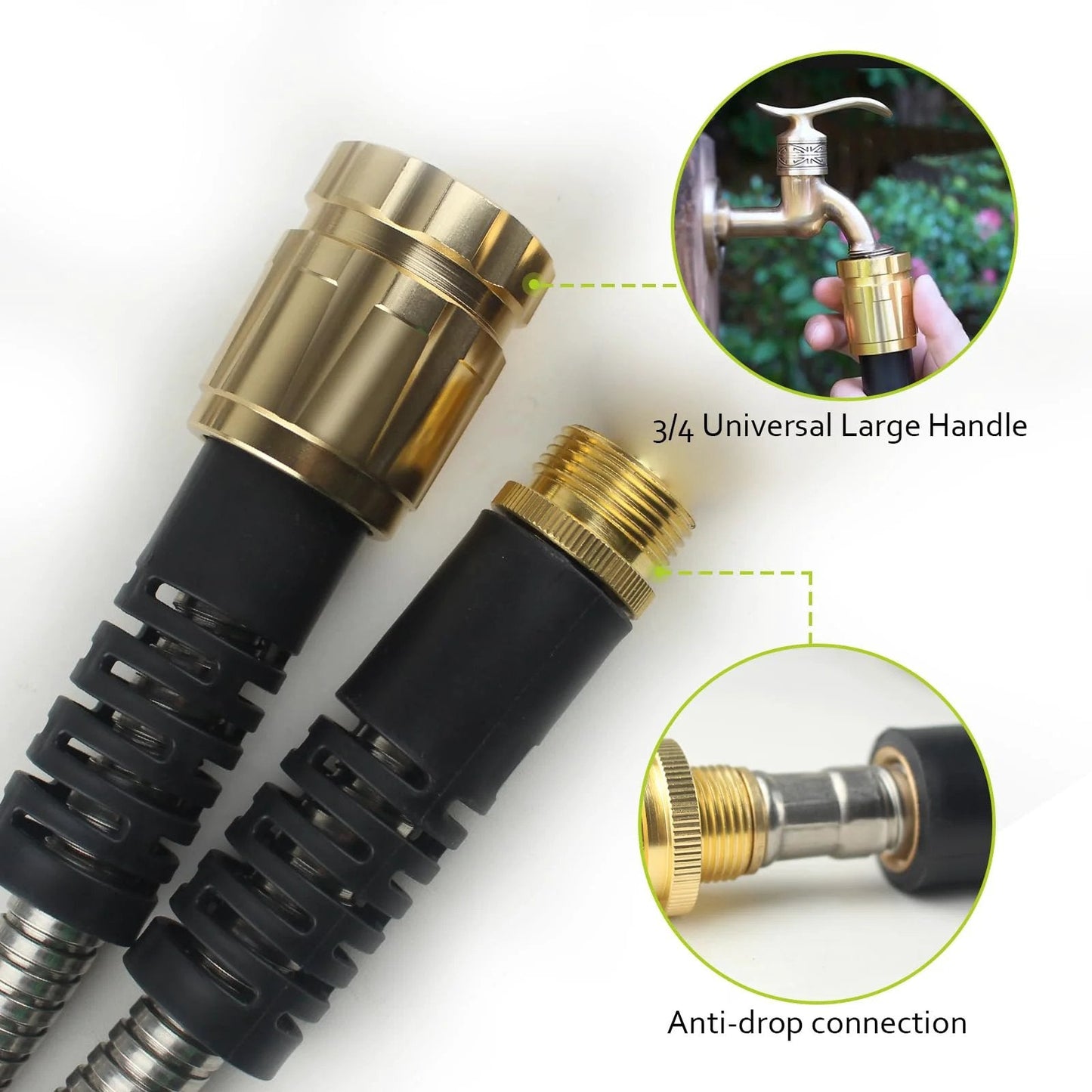 Close-up of Heavy Duty 50 Ft Stainless Steel Garden Hose With Ten Function Nozzle Flexible No Kink And Lightweight And Durable For Outdoor Use Pressure Resistant Yellow showing brass connectors and universal large handle.