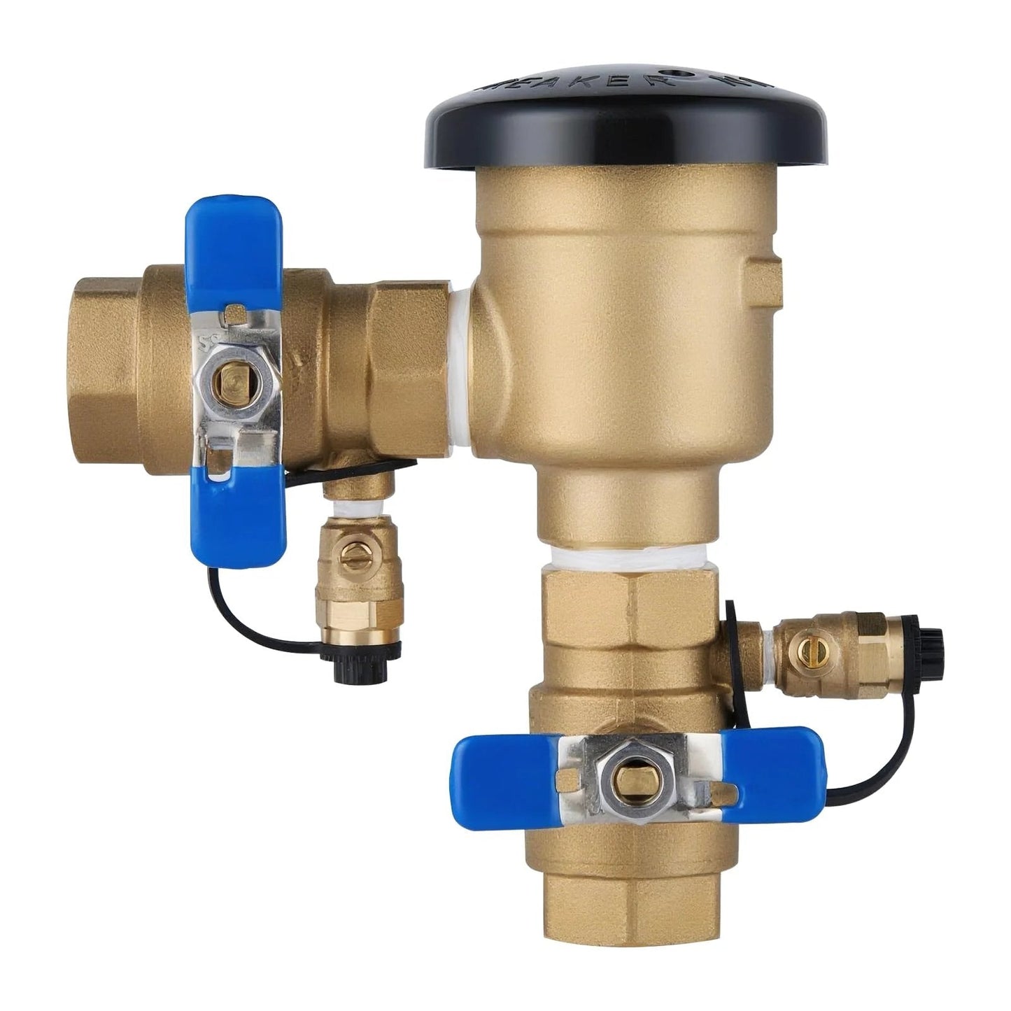 Heavy Duty Three Quarter Inch Brass Pressure Vacuum Breaker Assembly Backflow Preventer For Lawn Irrigation Systems Garden Sprinklers Outdoor Water Lines Anti Siphon Protection Up To 400 PSI product image showing brass construction with blue handles.