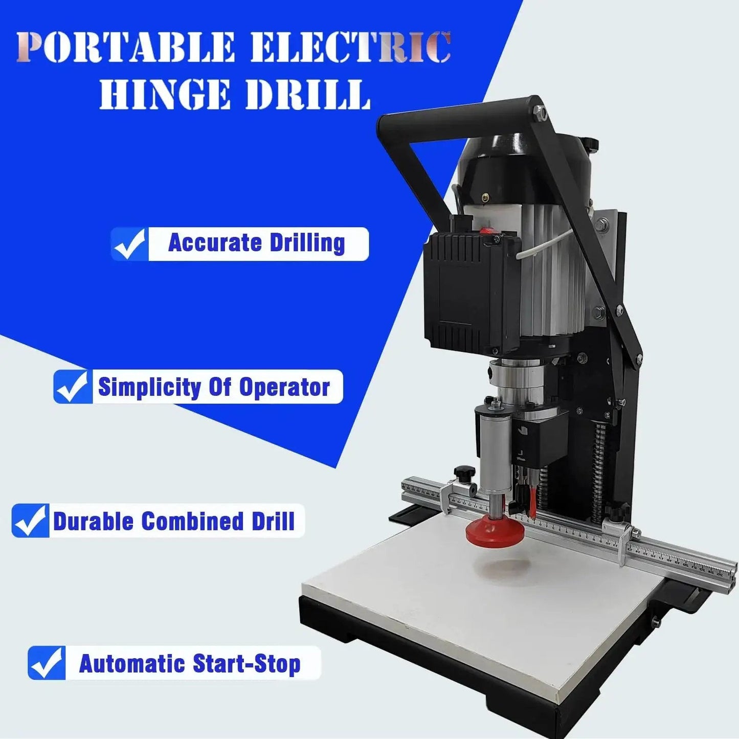 Portable Electric Hinge Drill With Self Stop Pneumatic Hinge Boring Machine For Cabinets And Doors, vertical view.