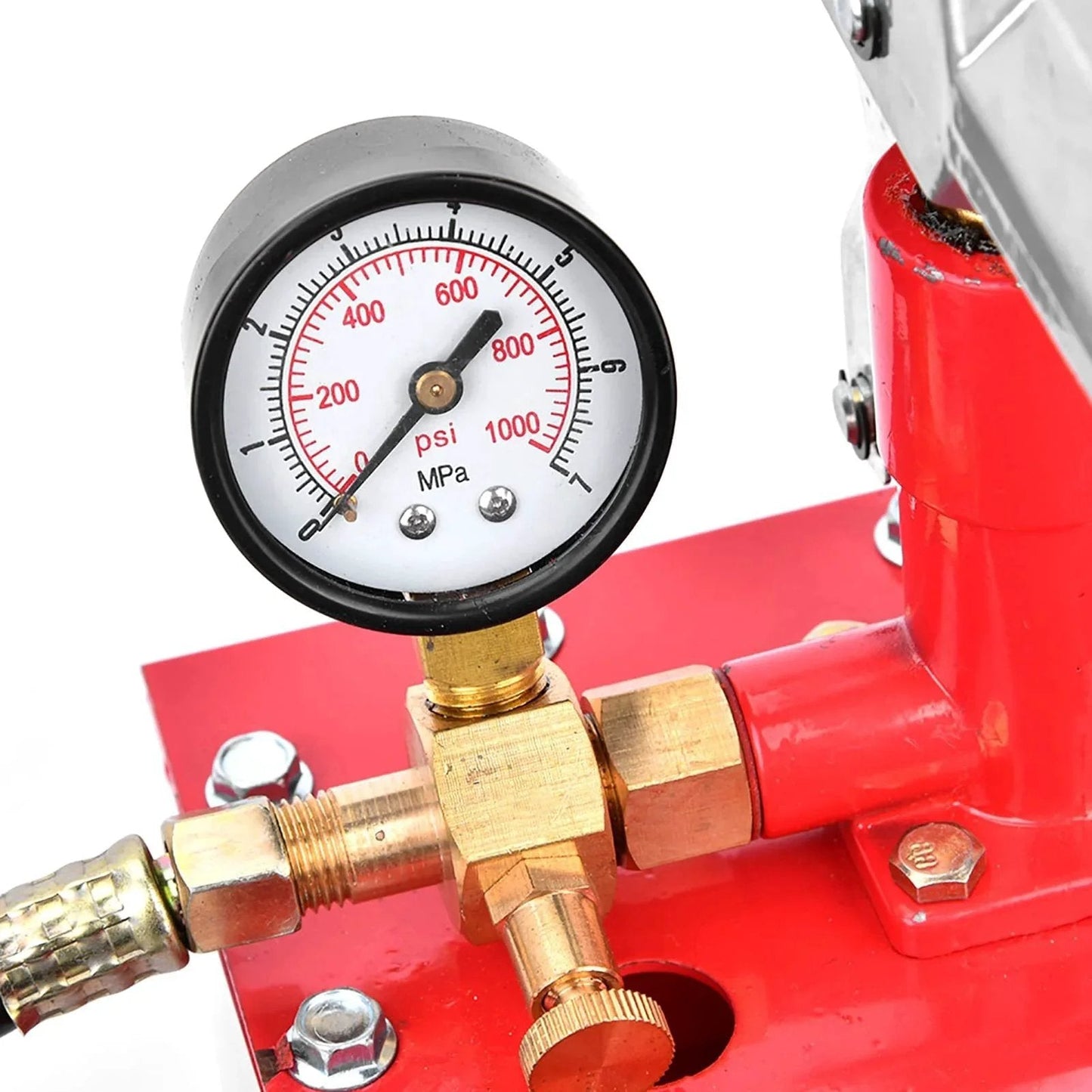 Close-up of a red Rugged 1000 PSI Manual Hydraulic Pressure Test Pump For Pipes And Valves gauge and fittings, rust resistant iron