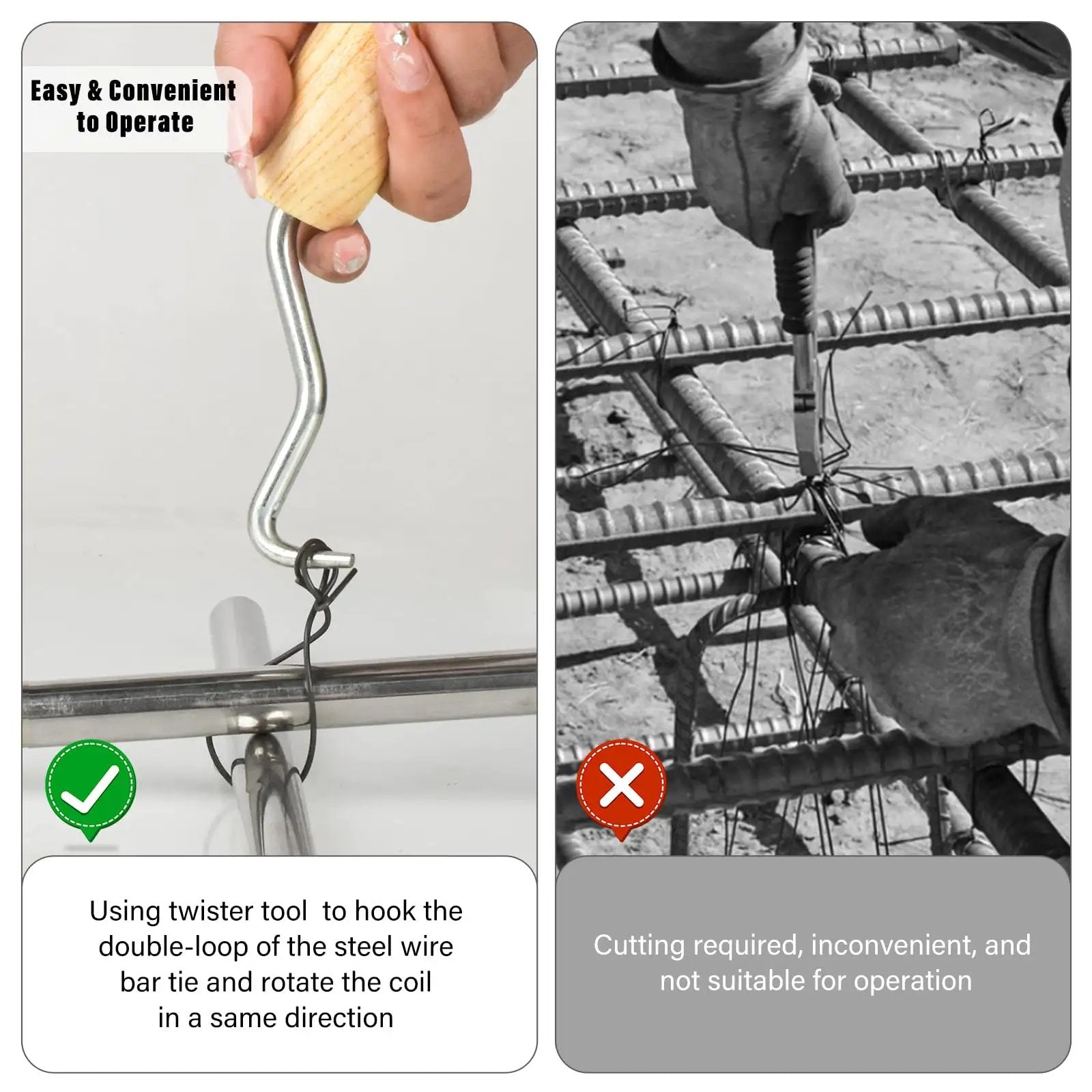 Hands using twister tool on rebar for 1000Pcs Rebar Tie Wire Set With 2 Tie Wire Twisters And Gloves, 6 Inch Double Loop 16 Gauge Steel Bar Ties.