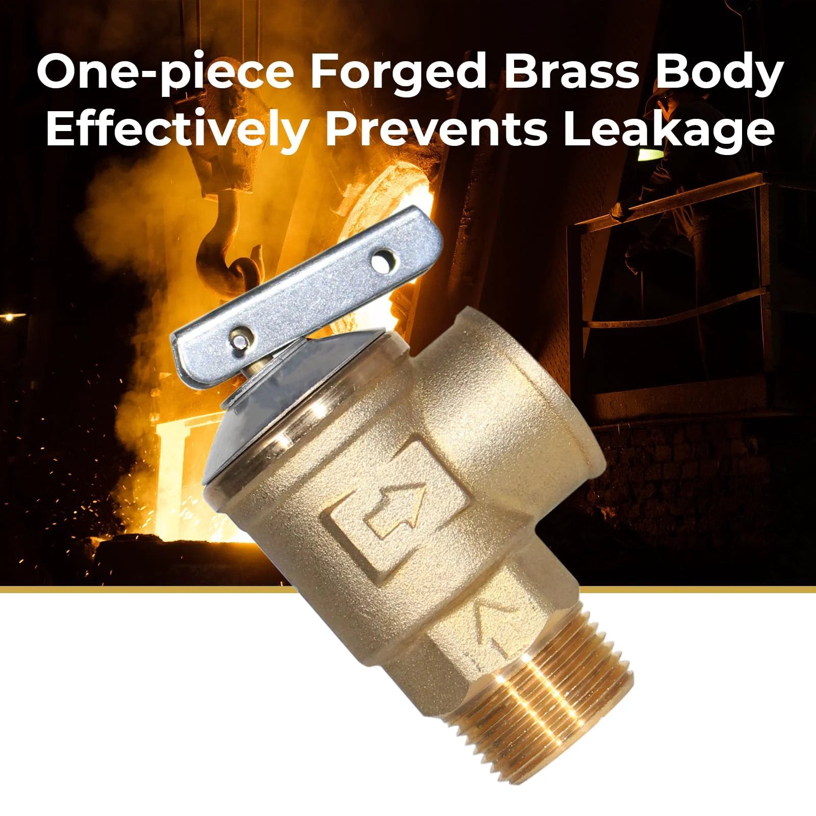 3/4 Inch NPT Brass Safety Relief Valve, 150 PSI Overpressure Protection, shown against industrial background.