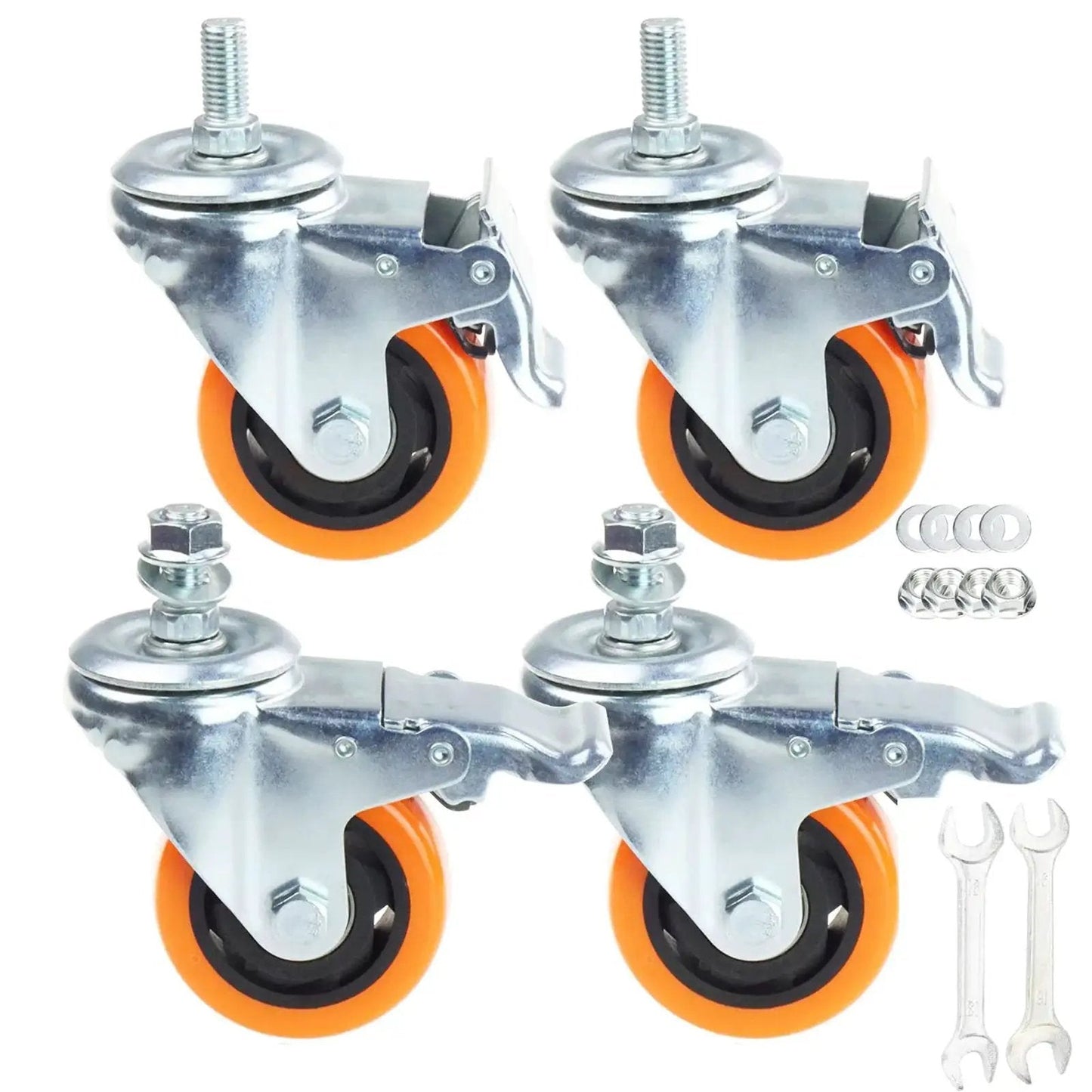 Set of 4 heavy duty swivel wheels with 3 inch yellow PVC casters and double brakes M12 1.75x25mm metric stem for industry and furniture