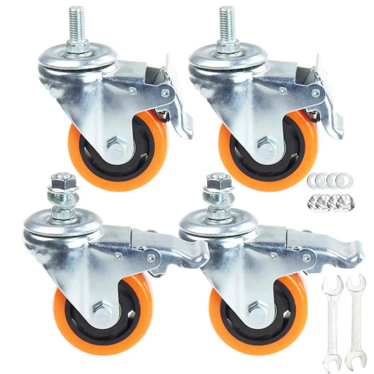 Set of 4 heavy duty swivel wheels with 3 inch yellow PVC casters and double brakes M12 1.75x25mm metric stem for industry and furniture