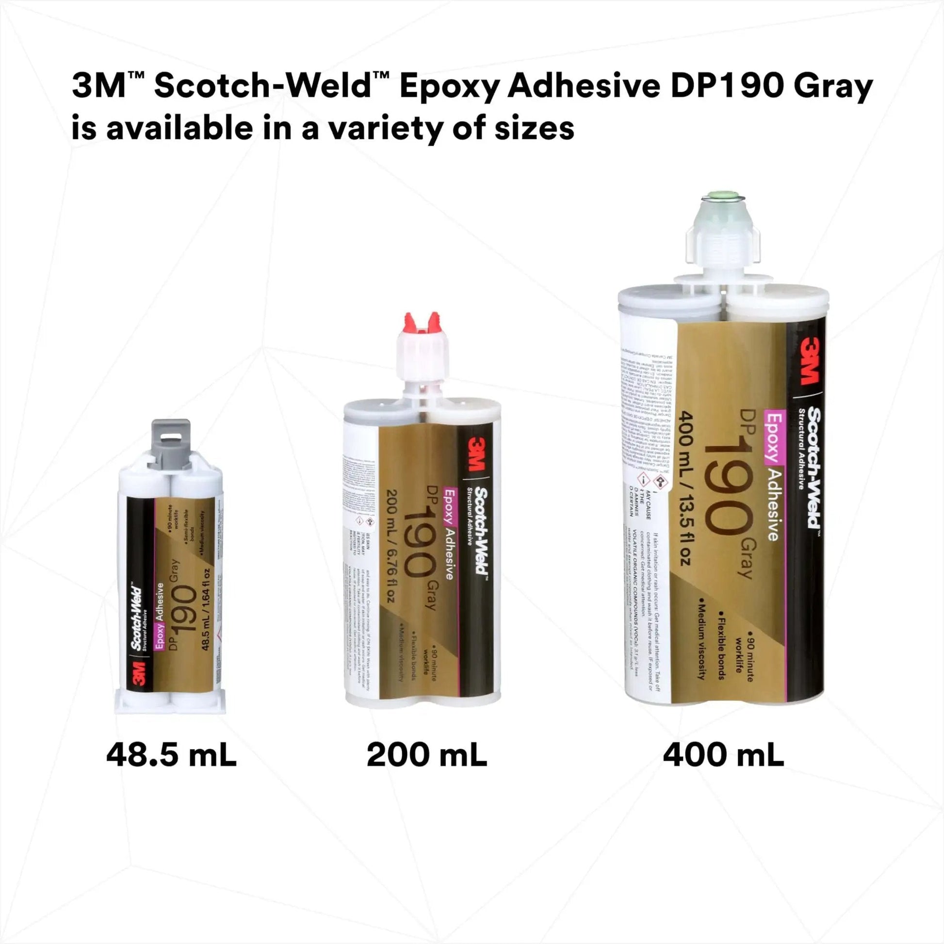 DP190 Gray Epoxy Adhesive Duo-Pak 48.5 mL with 200 mL and 400 mL sizes for metals, ceramics, wood, and plastics bonding