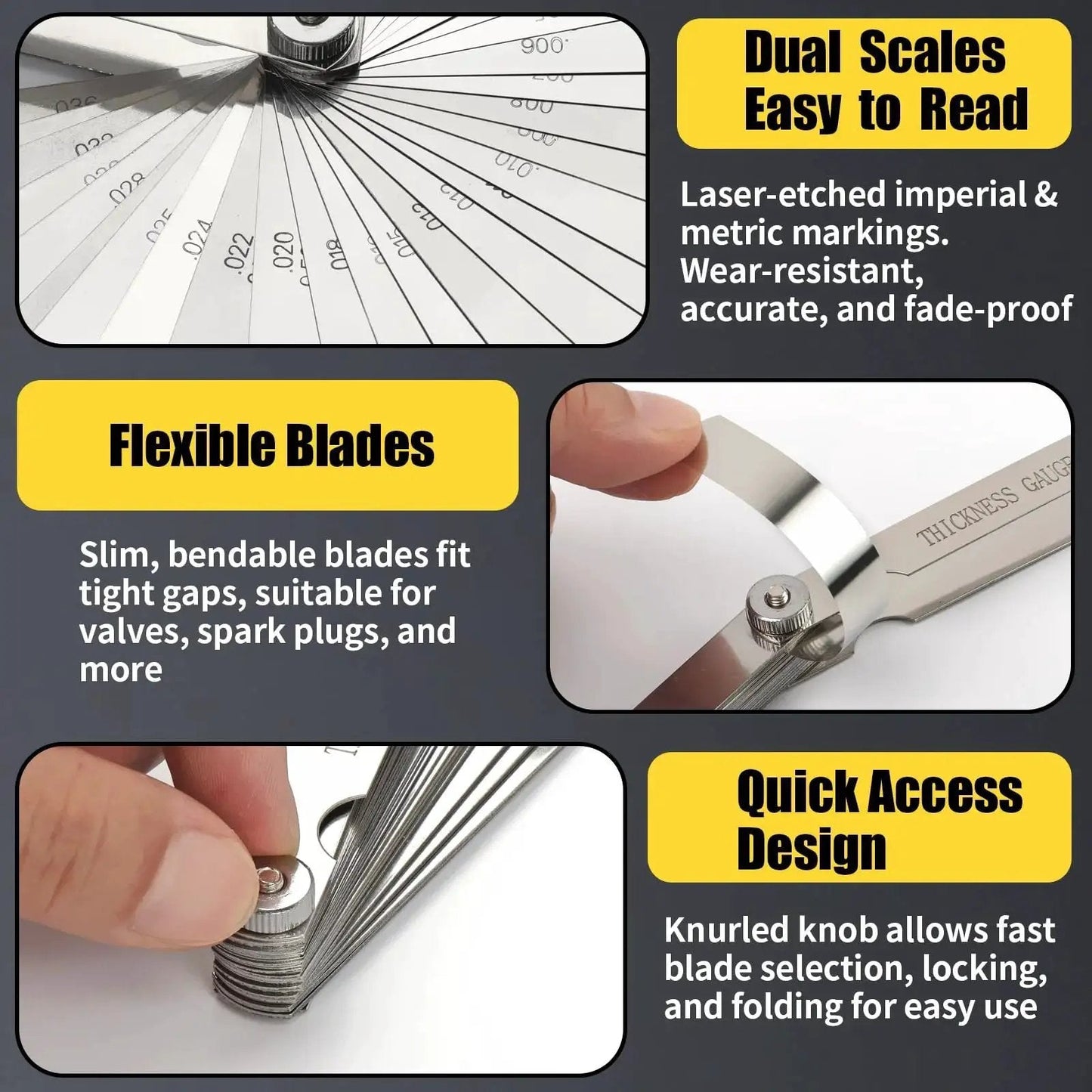 Feeler Gauge Set Stainless Steel Two Piece Pro Grade With Thirty Two Straight Blades And Sixteen Angled Blades Dual Marked SAE And Metric For Spark Plug Gap And Valve Filler Measurements Wide Range Tool showcasing detailed features and benefits.