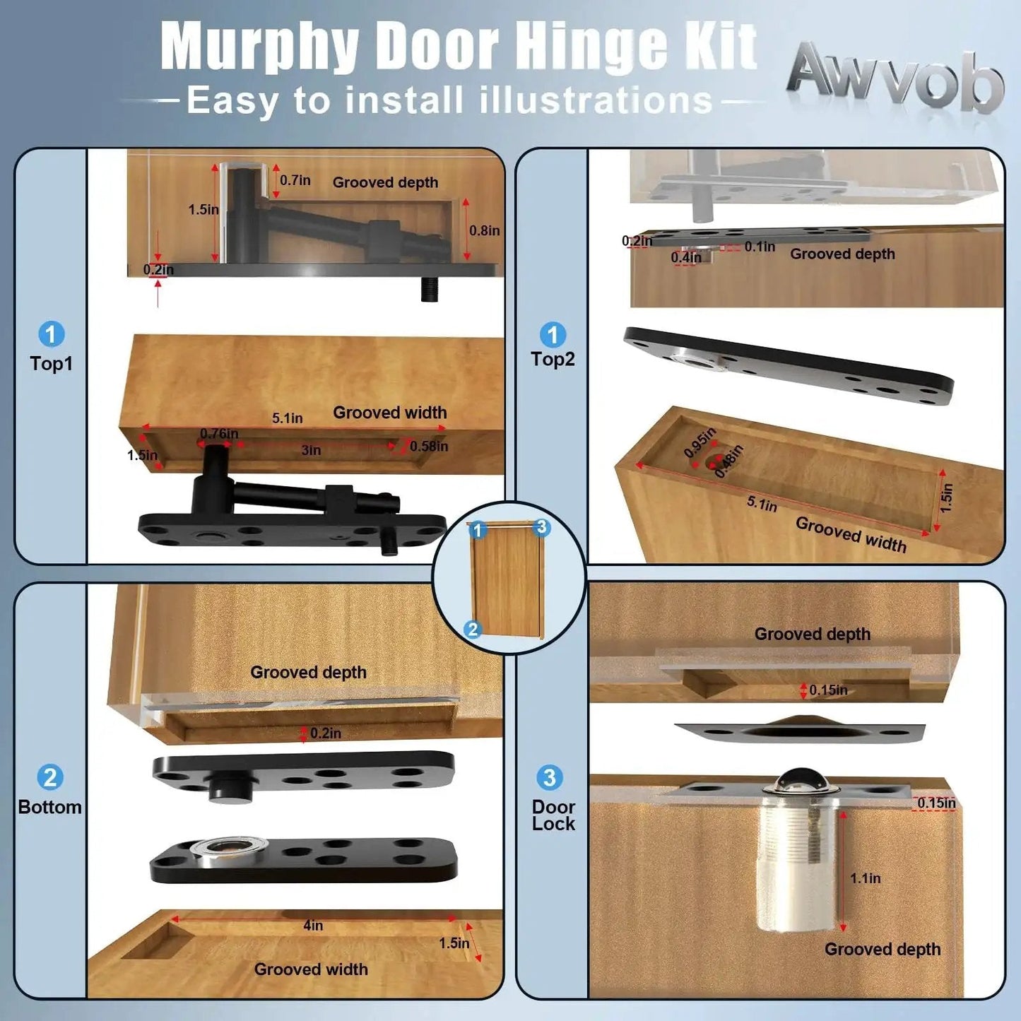 Installation diagram of Hidden Door Hinge With Dual Bearing Design For Secret Doors Murphy Door Bookcase Installations.