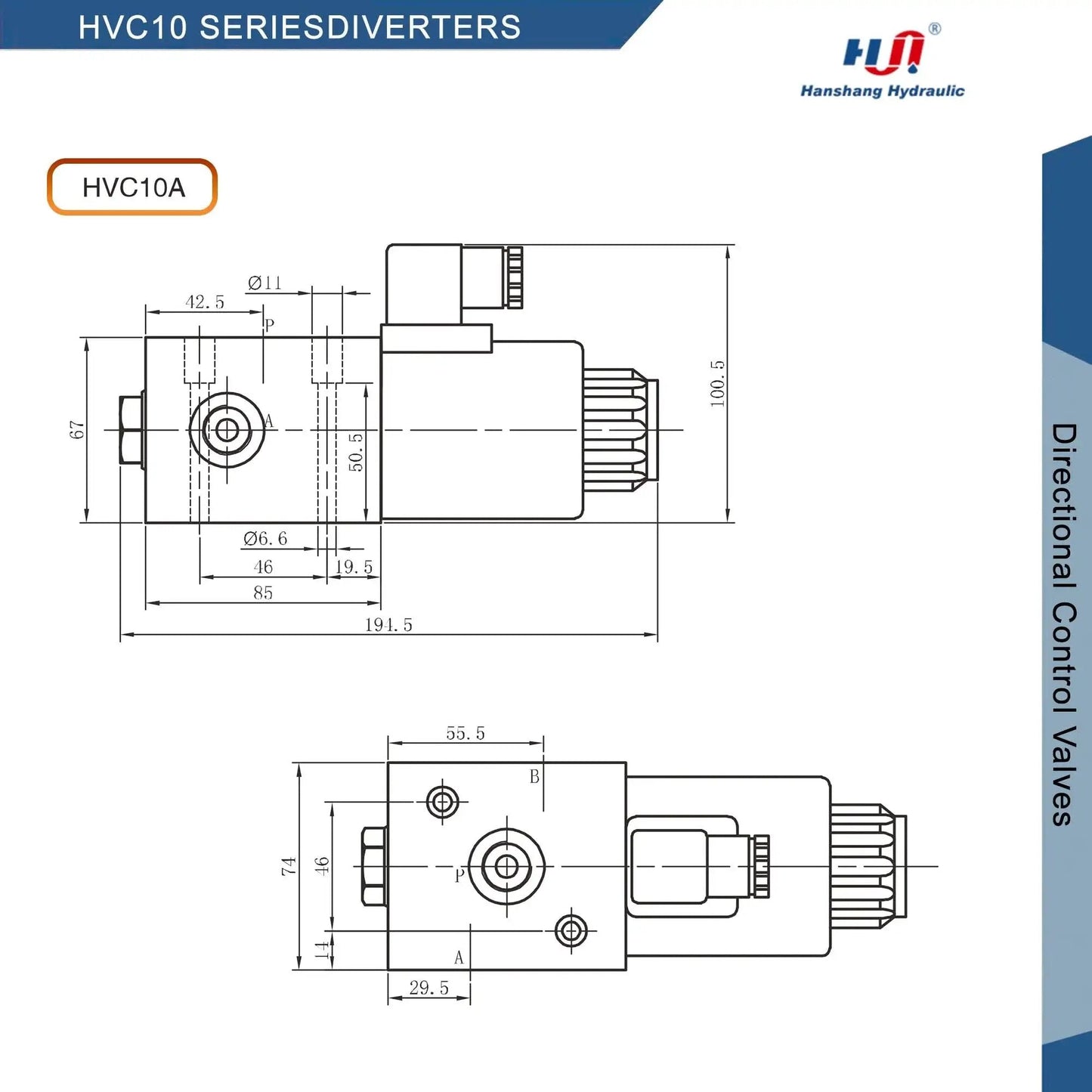 Technical drawing of Hydraulic Solenoid Selector Diverter Valve for Directional Spool Flow Control 3 Port SAE 8 12V DC