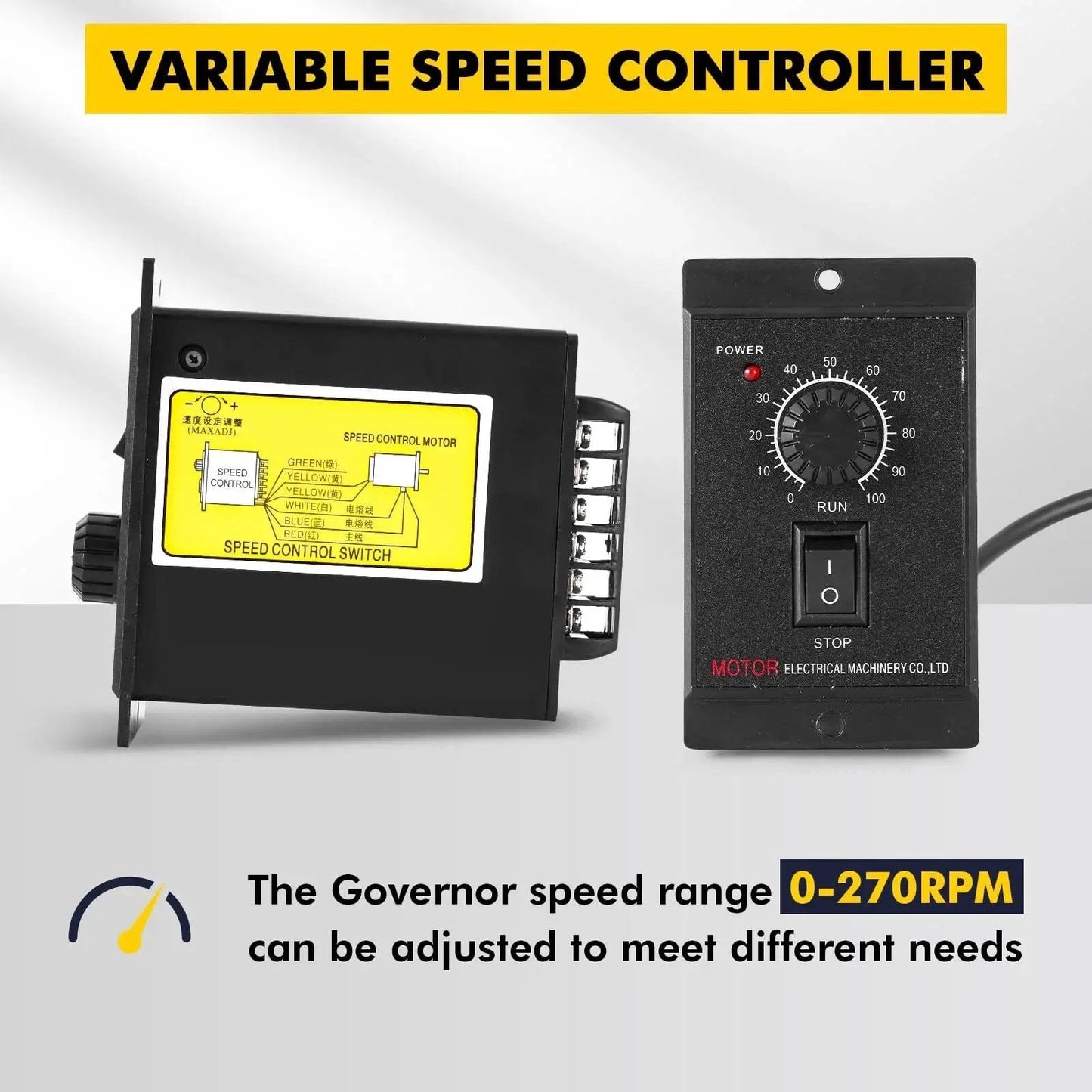 Variable speed controller for heavy duty 250W AC motor with 0 to 270 RPM, adjustable gearbox for industrial machinery and robotics.