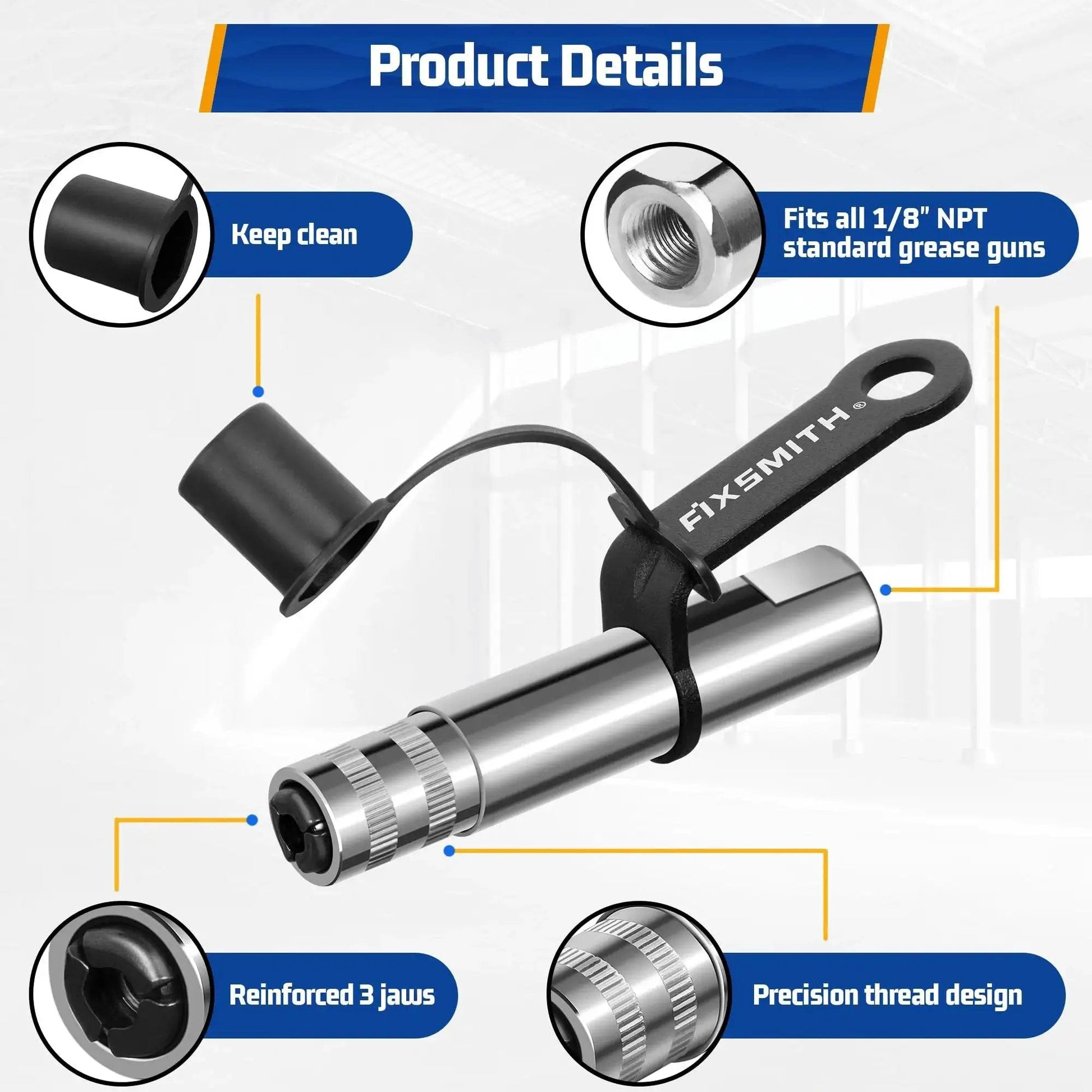 Heavy Duty Grease Gun Coupler With Quick Release Locking For Secure Zerk Fittings, 10000 PSI High Pressure, One Eighth Inch NPT Fittings