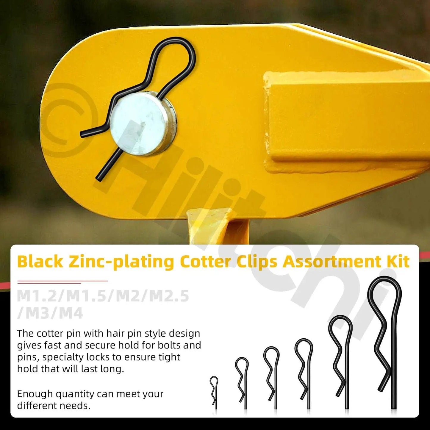 Comprehensive Hitch Pin Clip Kit With 145 Pieces In 6 Sizes R Clips Retaining Pins Hair Pins For Tractor Trailer Garden Equipment And More Comes In A Clear Storage Box Hilitchi shown with installed black zinc-plating cotter clip on yellow equipment