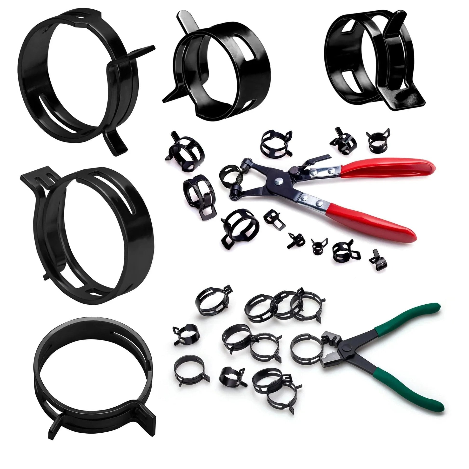 Automotive Spring Hose Clamps Kit 6 To 38 Mm 401 Pcs With 20 Sizes Includes 2 Installation Tools shown along with clamps and tools.