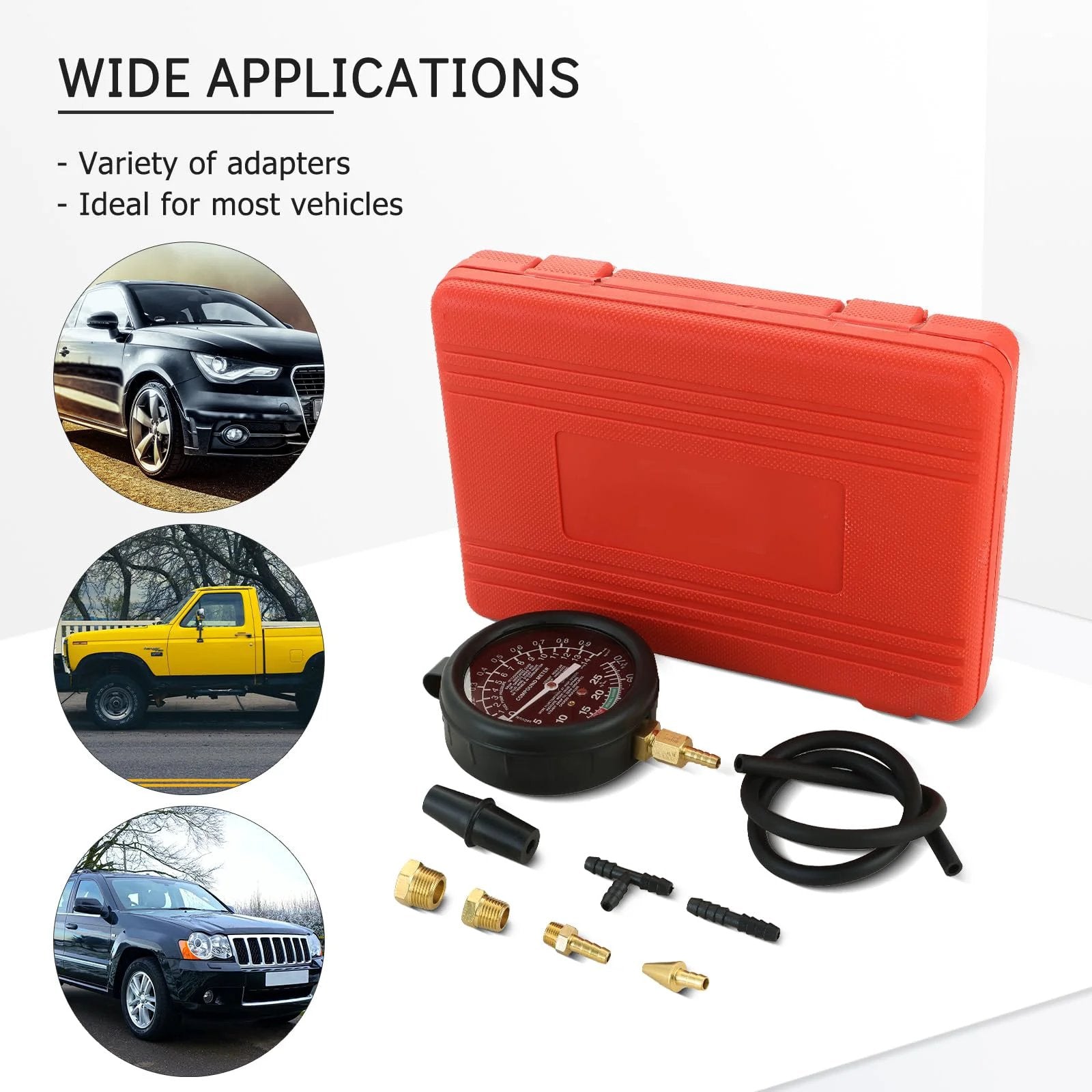 DIY Vacuum And Fuel Pump Tester Gauge Kit For Cars And Trucks with red case, gauge, hoses, and brass adapters