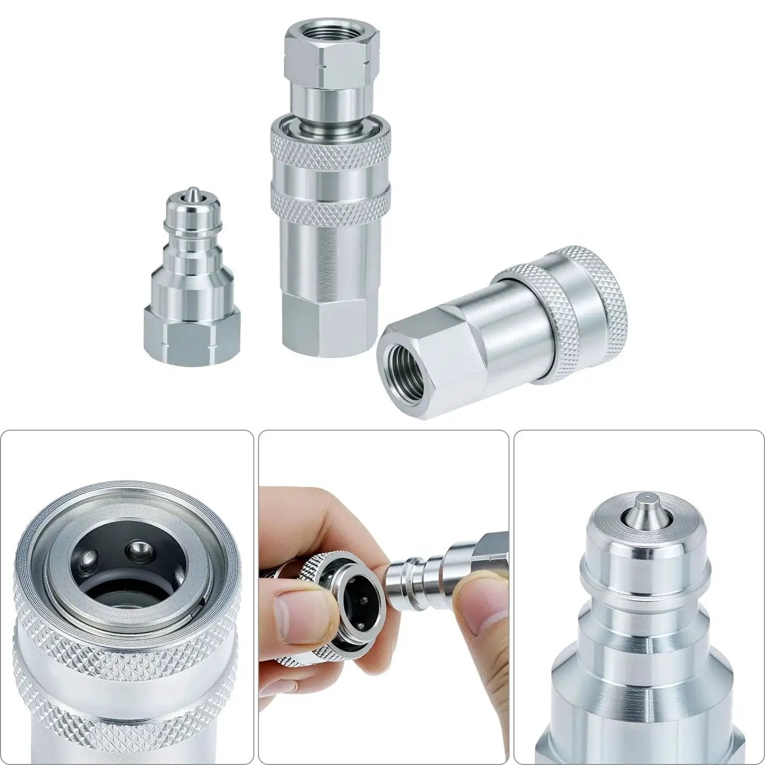 Rugged 1/4 Inch Hydraulic Quick Connect Coupler Set With Dust Caps, 3600 PSI Rating, Hardened Steel Poppet Valve, close-up view