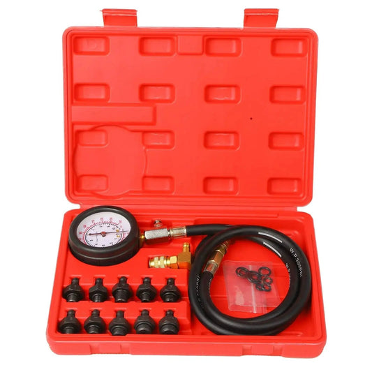 Oil Pressure Tester Tool Kit With Dual Display Gauge 0 To 140 PSI For Cars And Trucks Includes 10 Adapters in red case.
