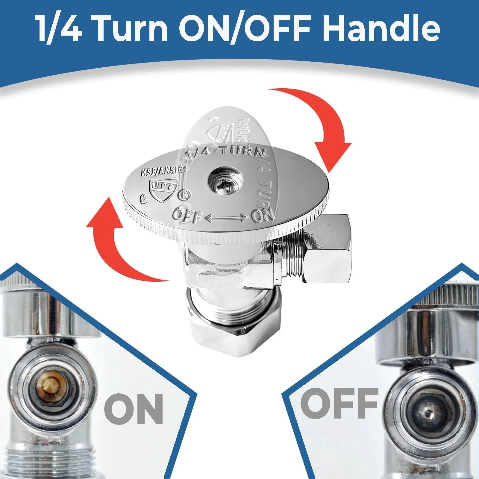 Angle Stop Valve One Half Inch Nominal Compression Inlet To Three Eighths Inch Compression Outlet Quick Install Quarter Turn Water Shut Off Valve with on and off positions shown.