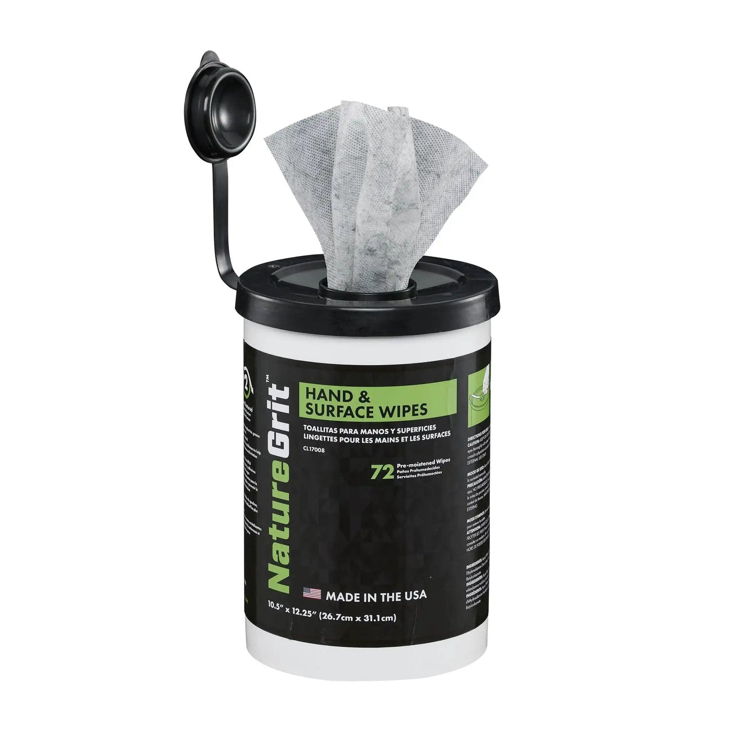 Tub of Heavy Duty Mechanic Hand And Surface Wipes Degreaser For Grease And Grime with open lid and wipes visible, 72-count.