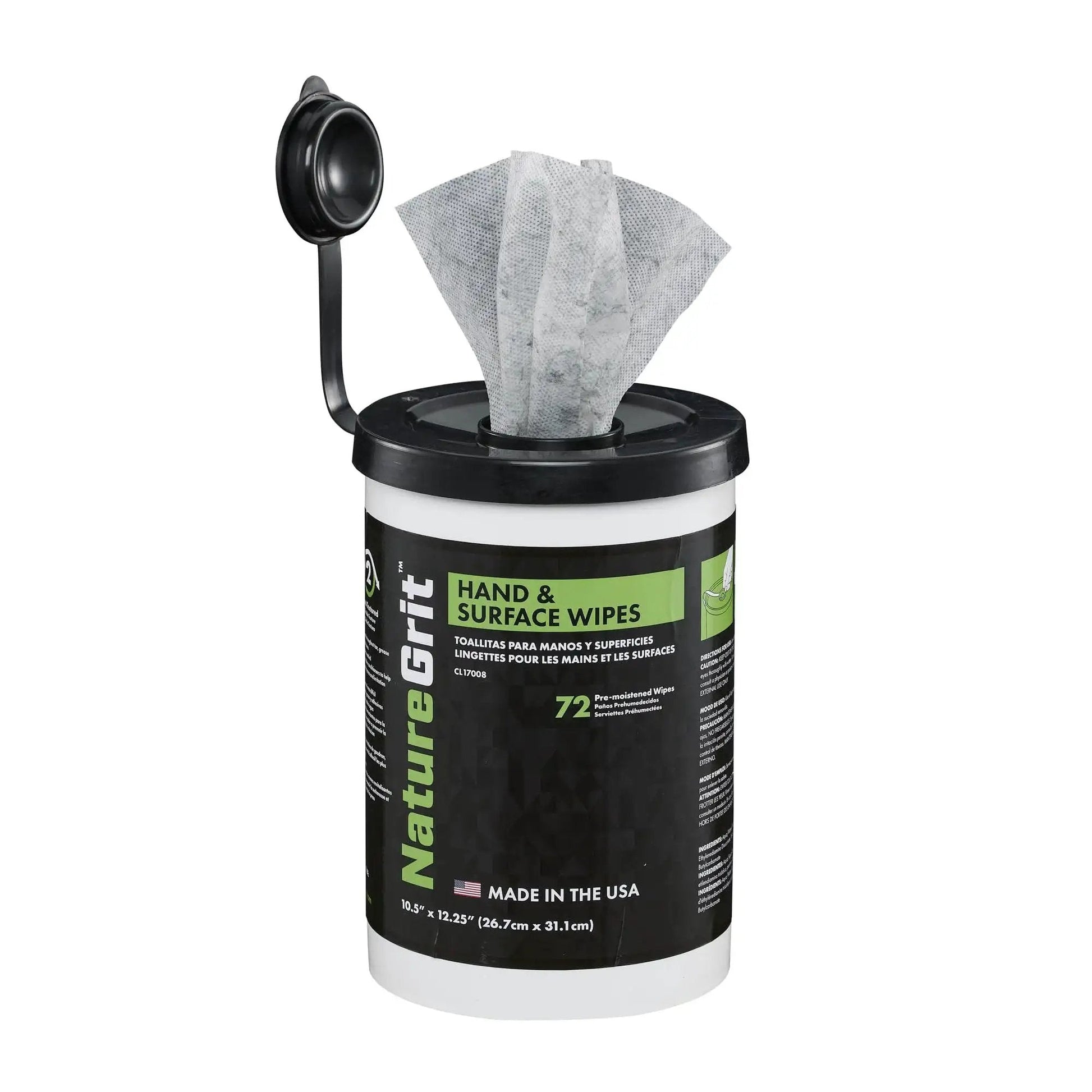 Tub of Heavy Duty Mechanic Hand And Surface Wipes Degreaser For Grease And Grime with open lid and wipes visible, 72-count.