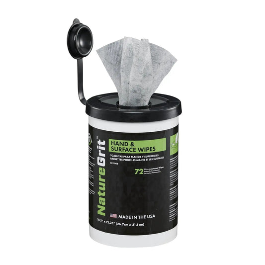 Tub of Heavy Duty Mechanic Hand And Surface Wipes Degreaser For Grease And Grime with open lid and wipes visible, 72-count.