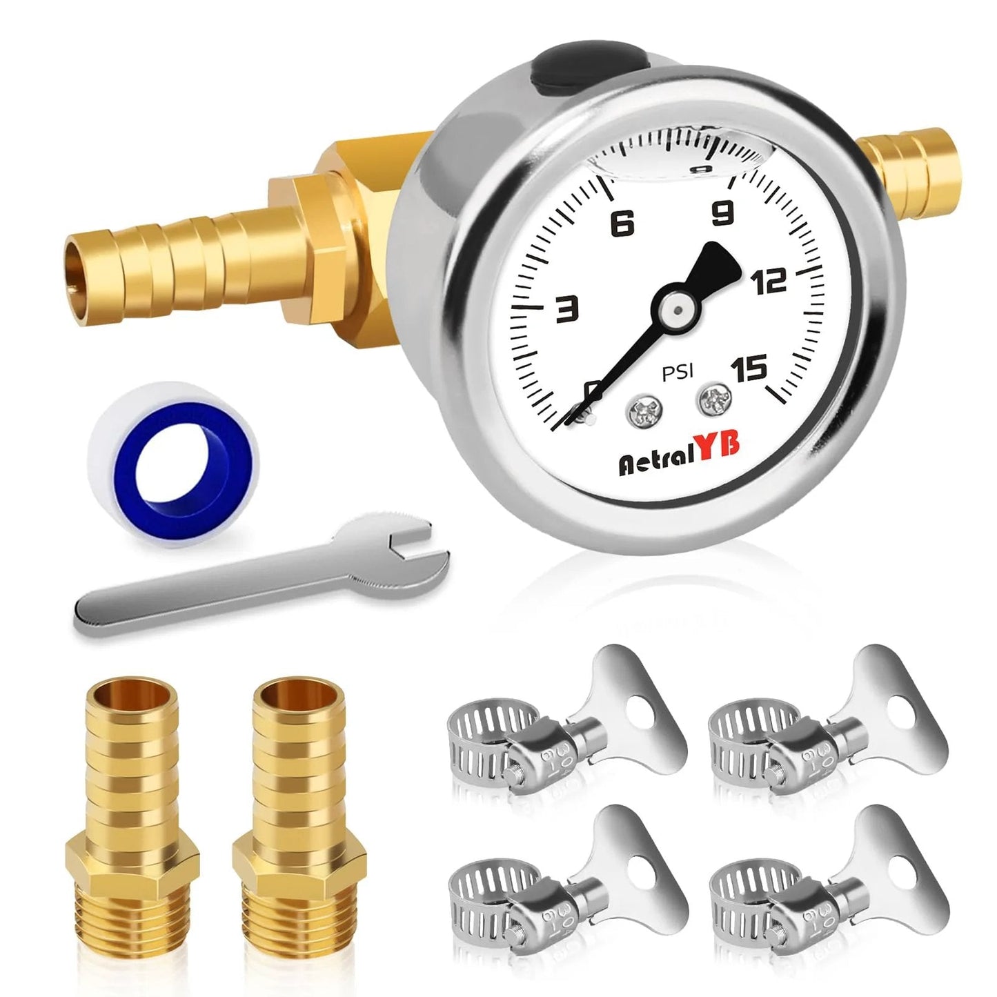 Pro Grade Inline Fuel Pressure Test Kit With One And A Half Inch Dial And 0 To 15 Psi Glycerin Filled Gauge One Eighth Inch NPT Port Inline Regulator With Gauge For Cars And Other Automotive Applications, featuring gauge, fittings, wrench, and clamps