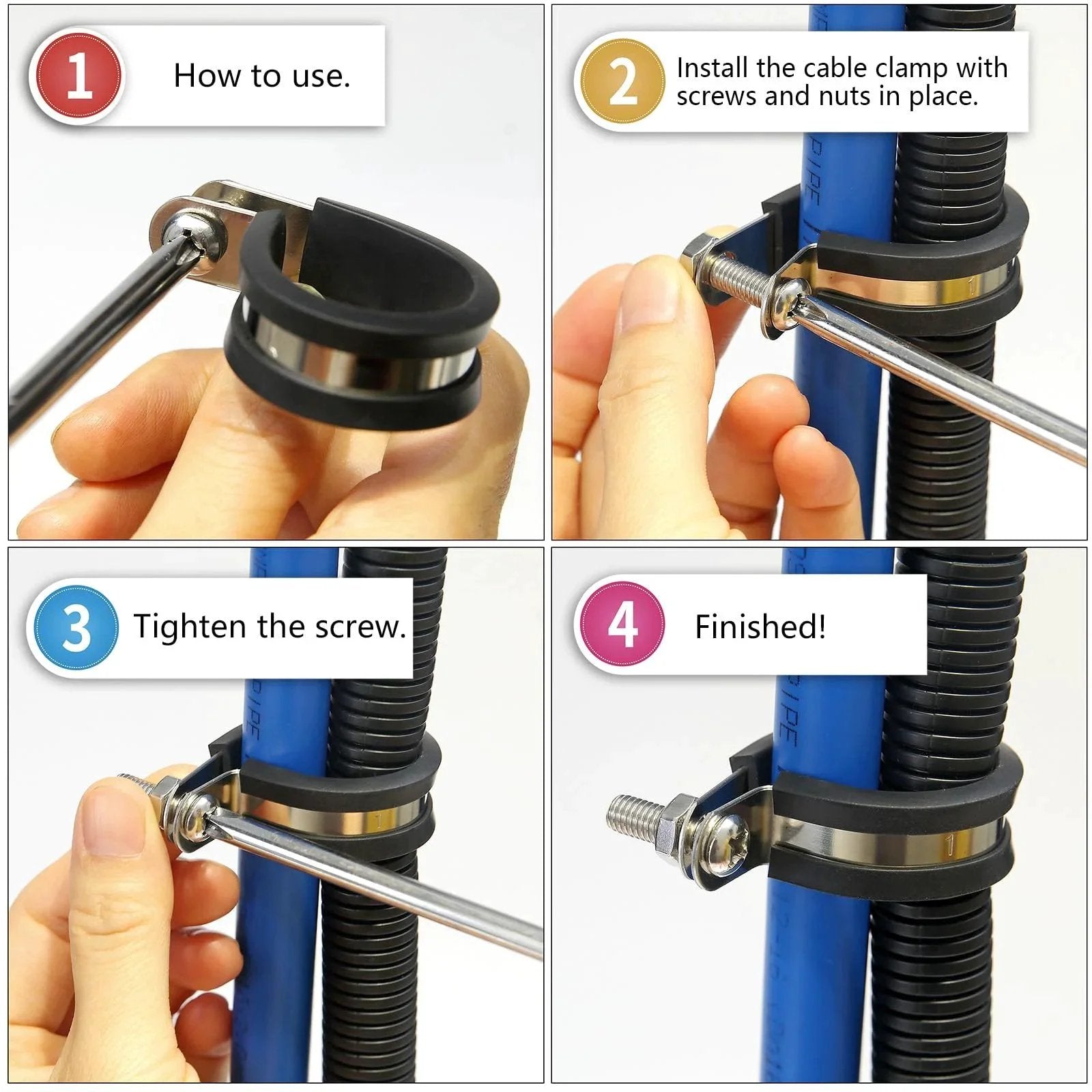 Step-by-step installation of 50 Pack Half Inch Cable Clamps 304 Stainless Steel Insulated Hose Clamp Pipe Clamp Wire Clamp with Rubber Cushioned Grip Durable Rust Resistant Set for Electrical Wiring Automotive.