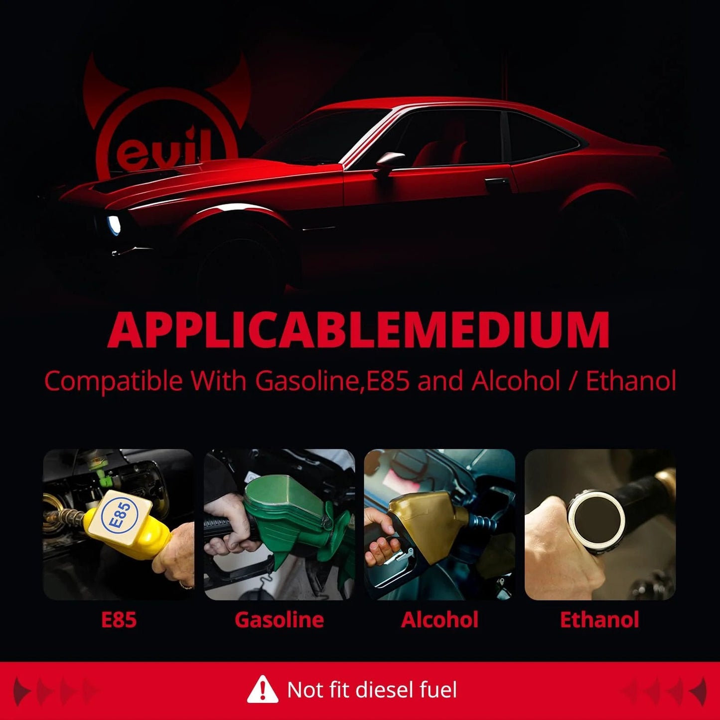 Compatible fuels for Adjustable 6AN EFI Fuel Pressure Regulator Return Bypass: Gasoline, E85, Alcohol, Ethanol